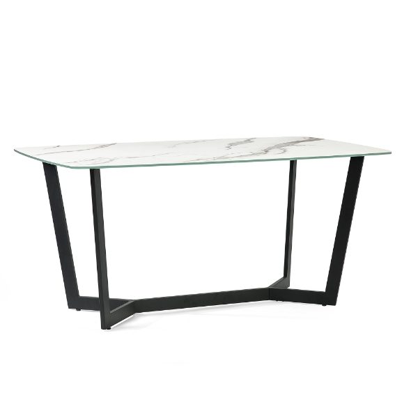 Glass table with black metal legs on a white background
