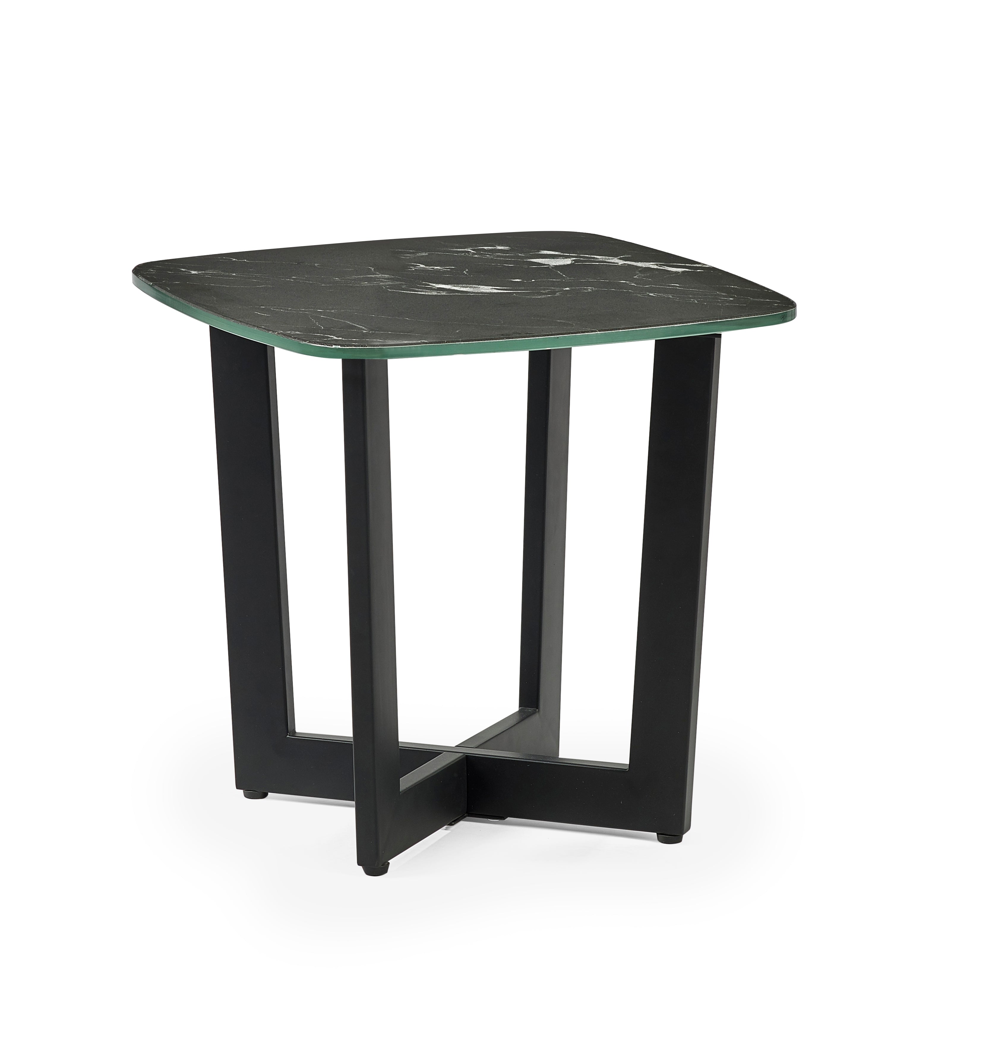 Small table with green marble top and black metal frame on a white background