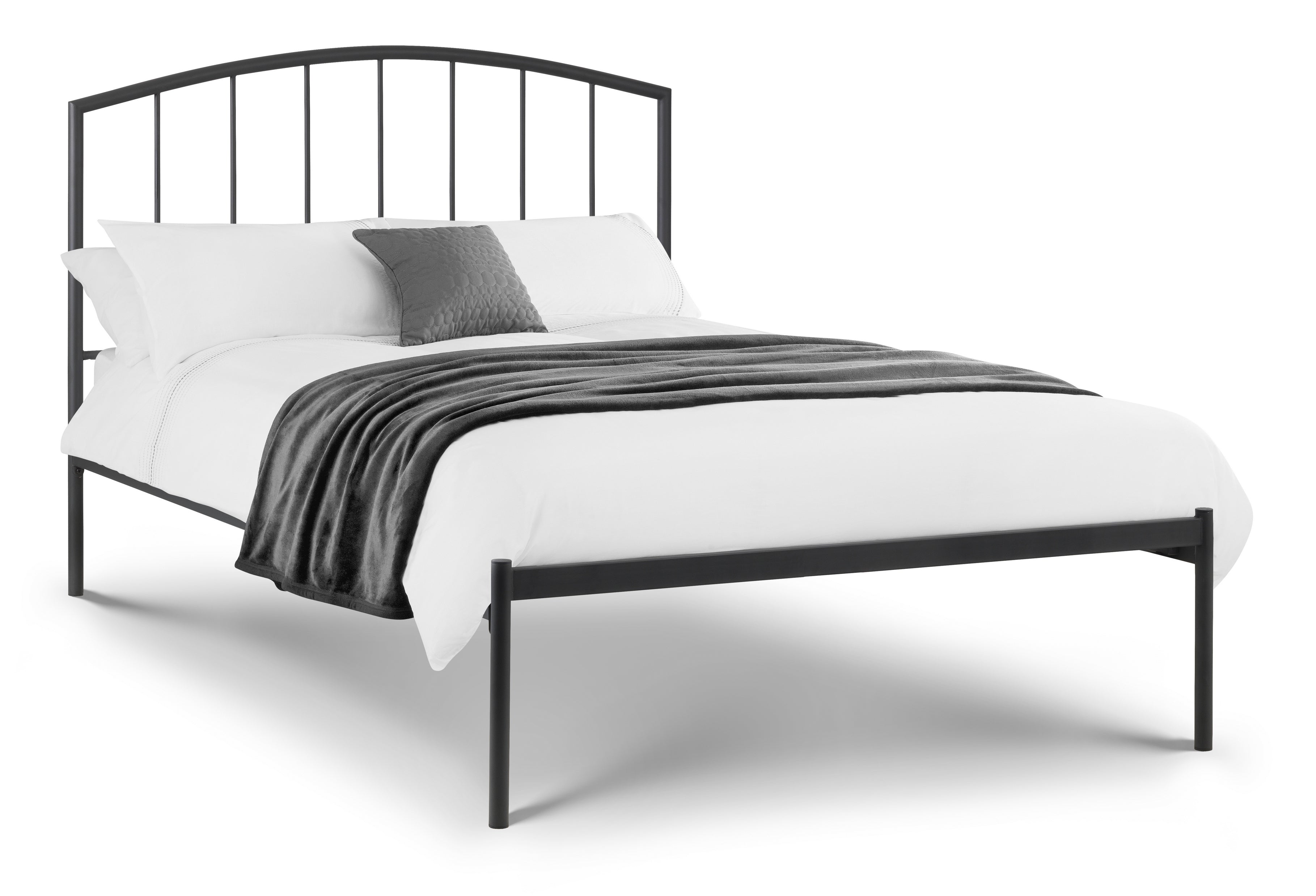Black metal bed frame with white bedding and gray blanket on a white background