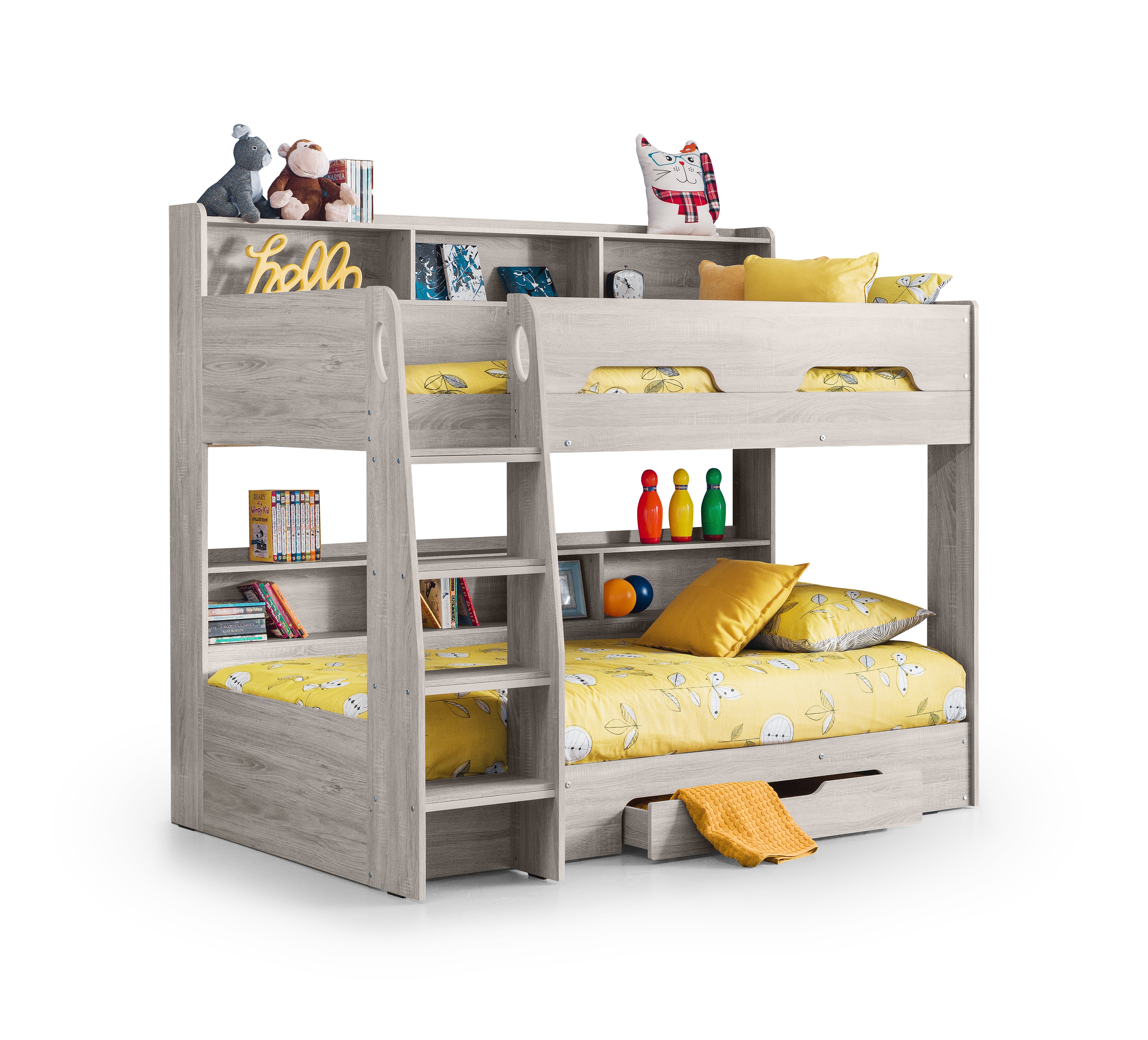 Children's bunk bed with yellow bedding and toys on a white background