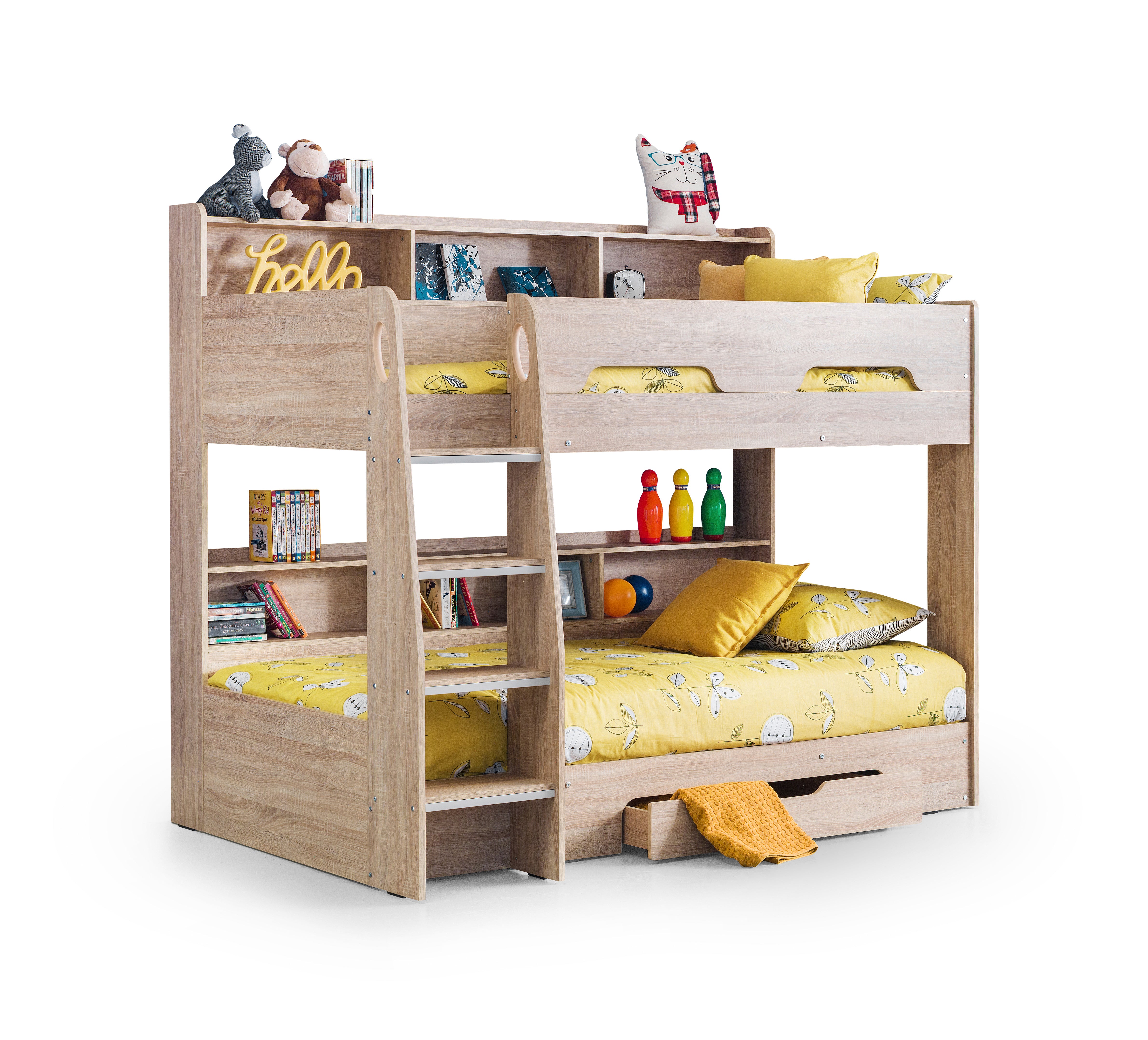 Wooden bunk bed with shelves and yellow bedding on a white background
