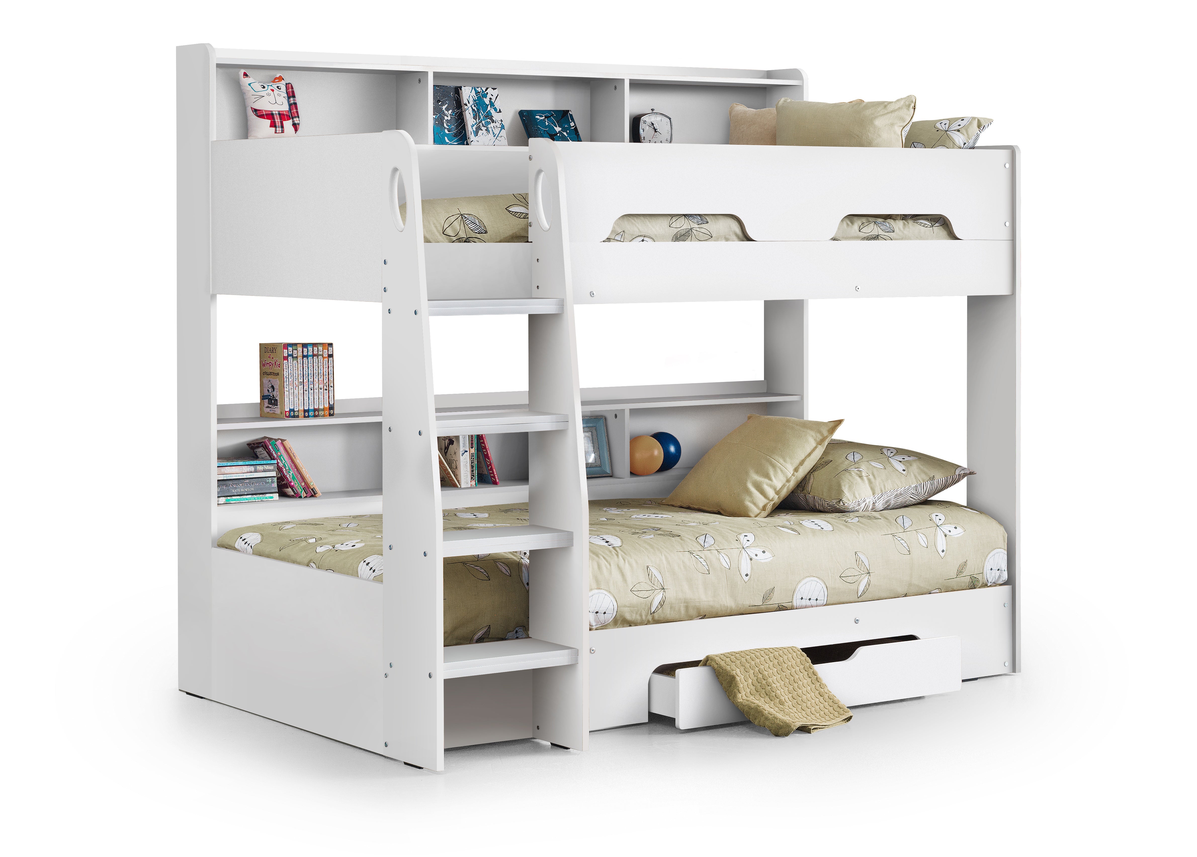 White bunk bed with storage drawers and shelves on a white background