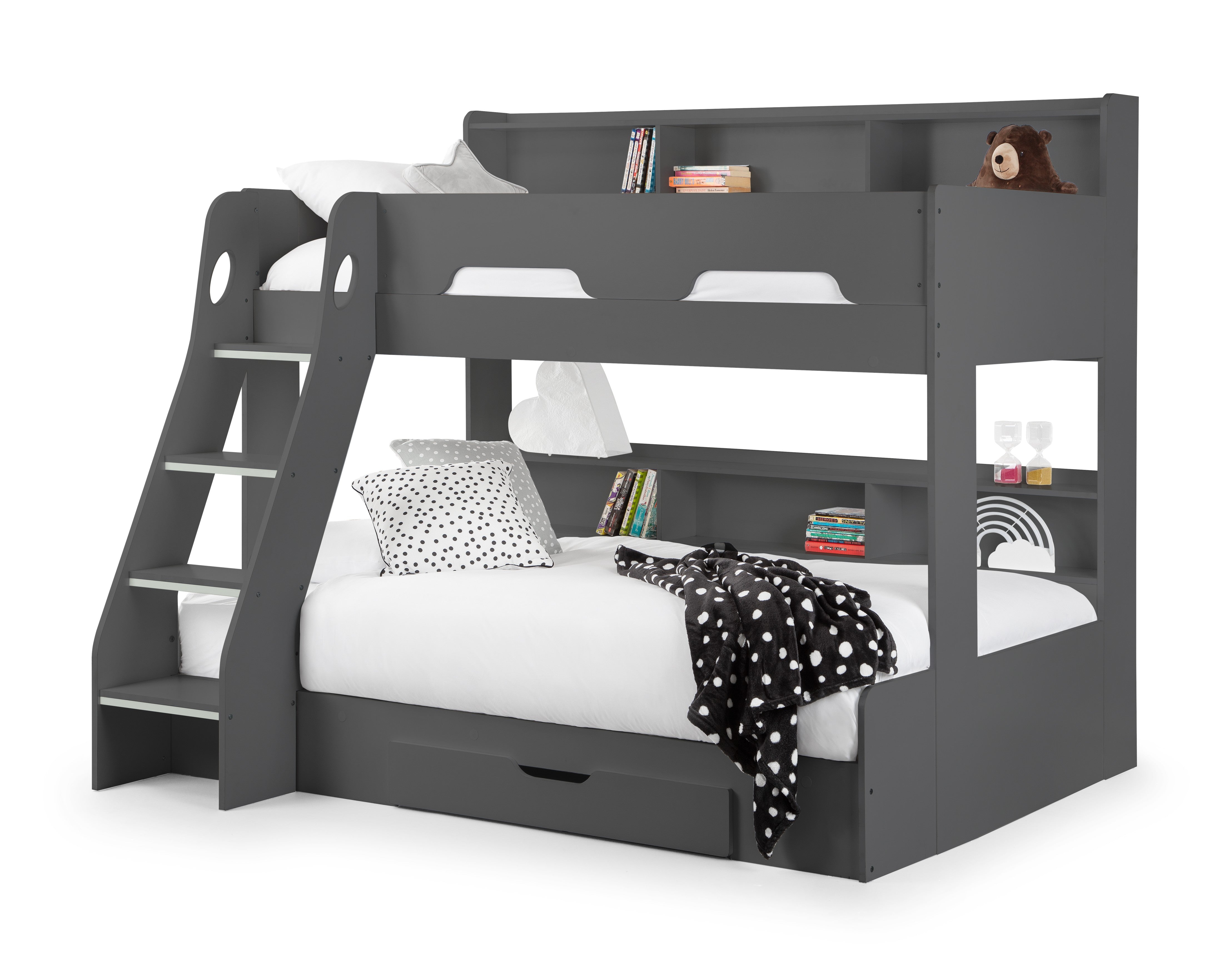 Gray bunk bed with white bedding and books on a white background
