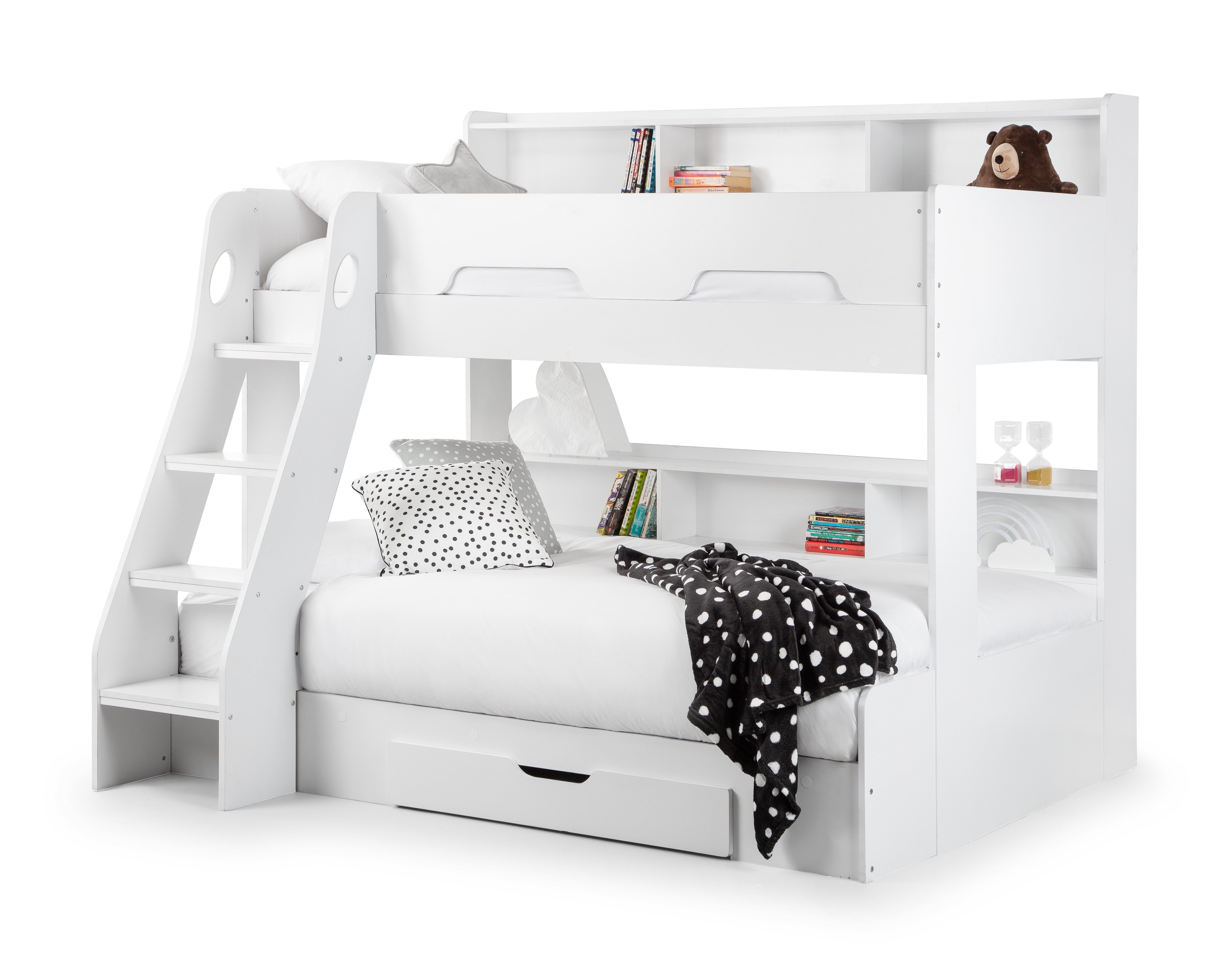 White children's bunk bed with storage drawers and shelves on a white background