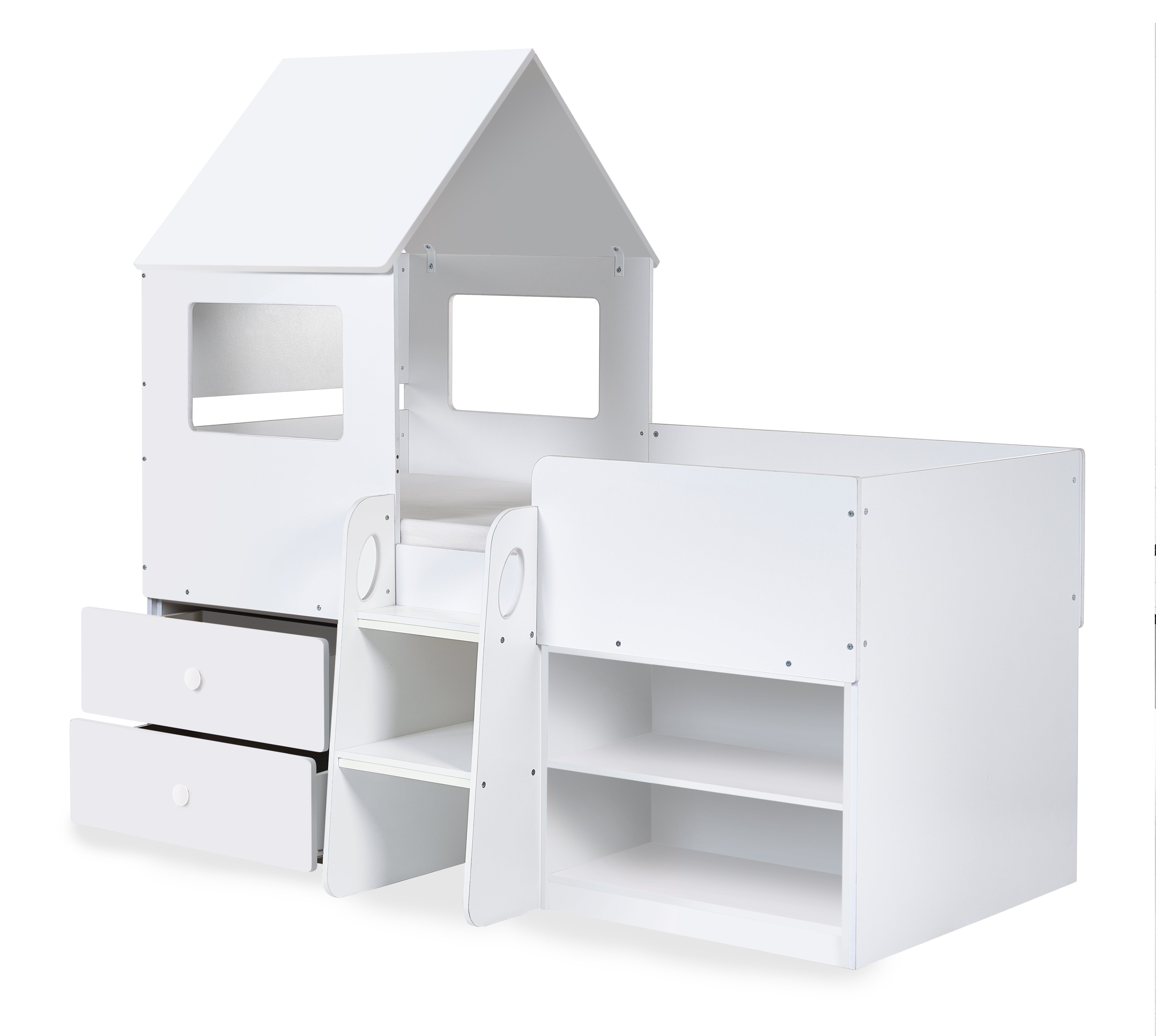 White children's playhouse with multiple levels and windows on a white background