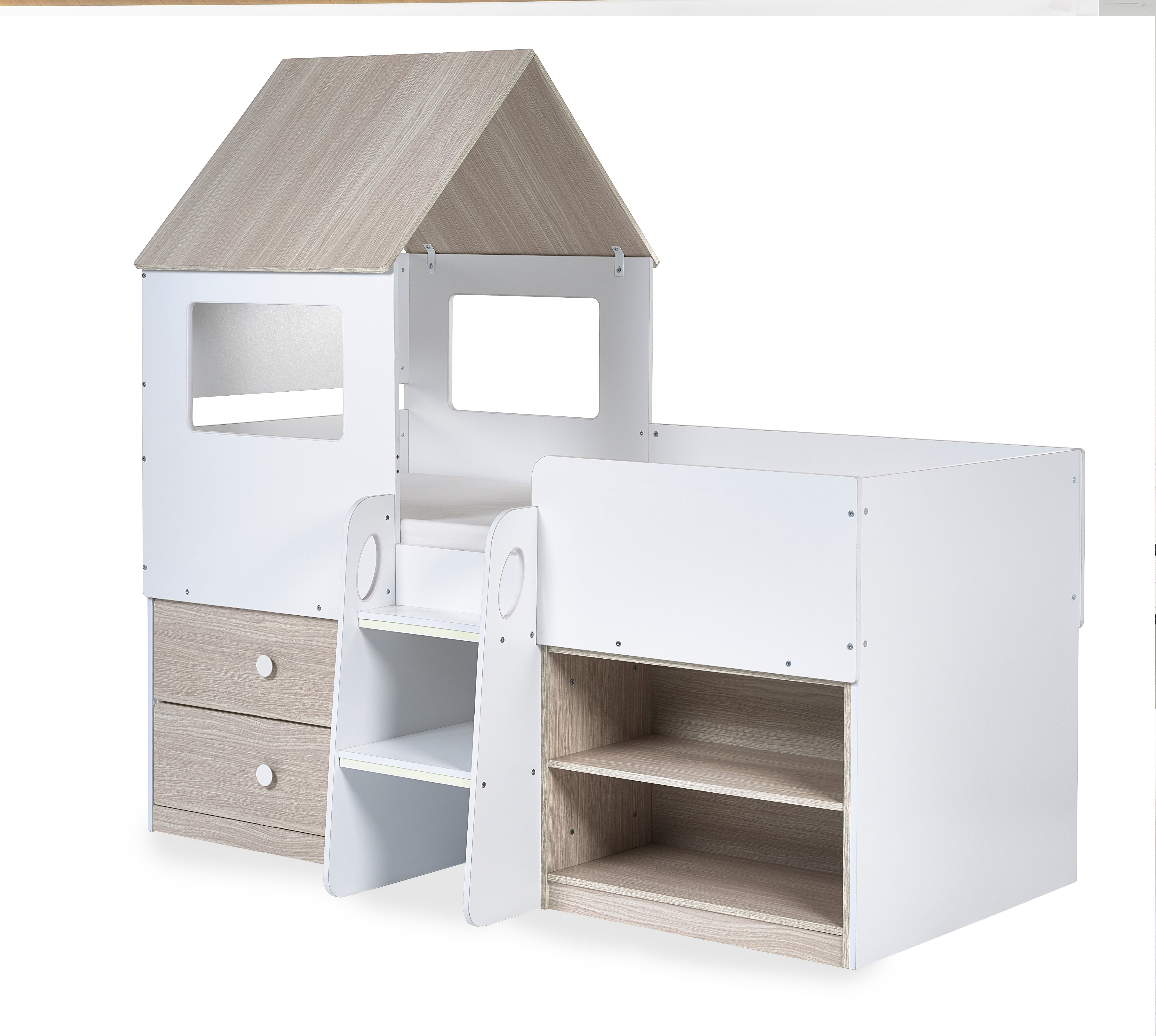 Children's playhouse with wooden roof and white base on a white background