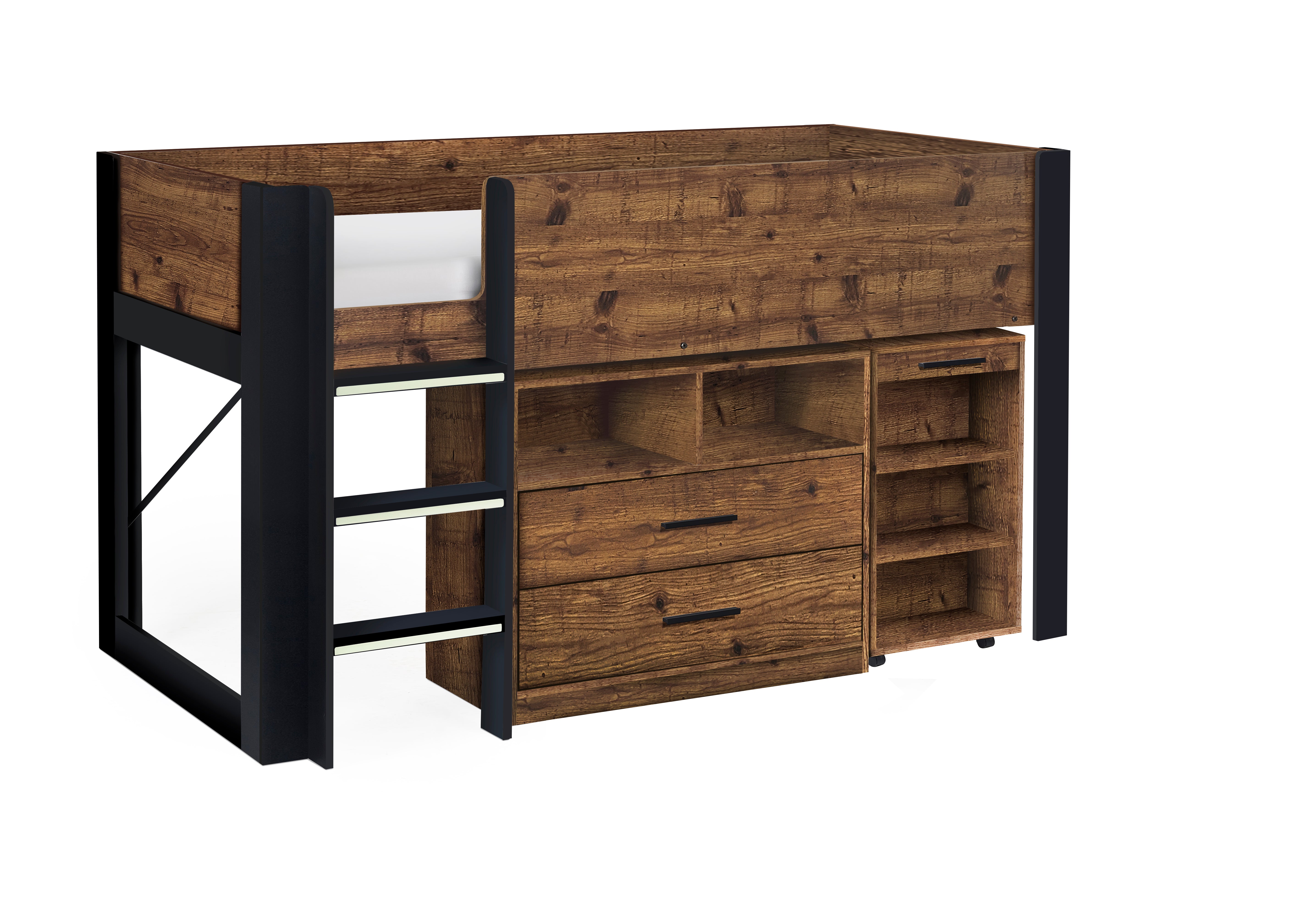 Wooden loft bed with black metal frame on a white background
