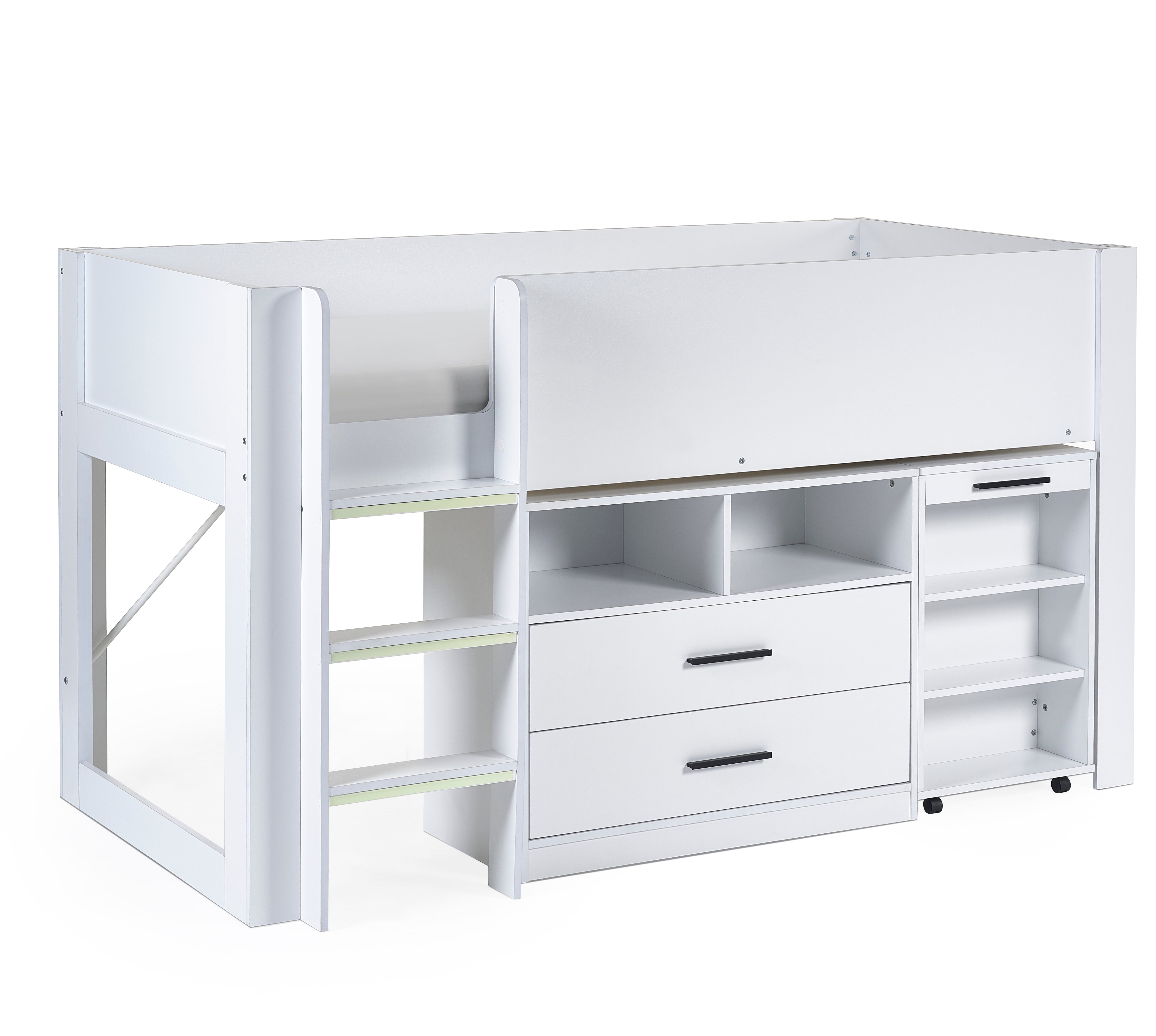 White loft bed with desk and storage drawers on a white background