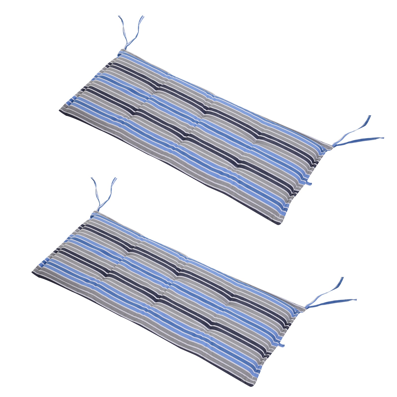 Two striped bench cushions with blue, gray, and black pattern on a white background