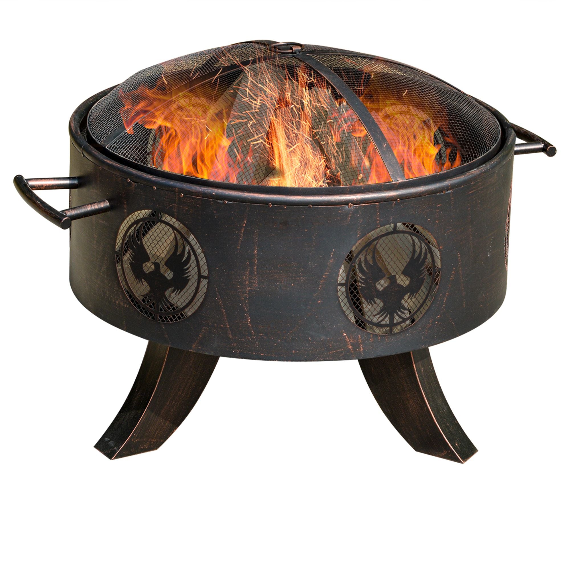 Black metal fire pit with flames inside on a white background