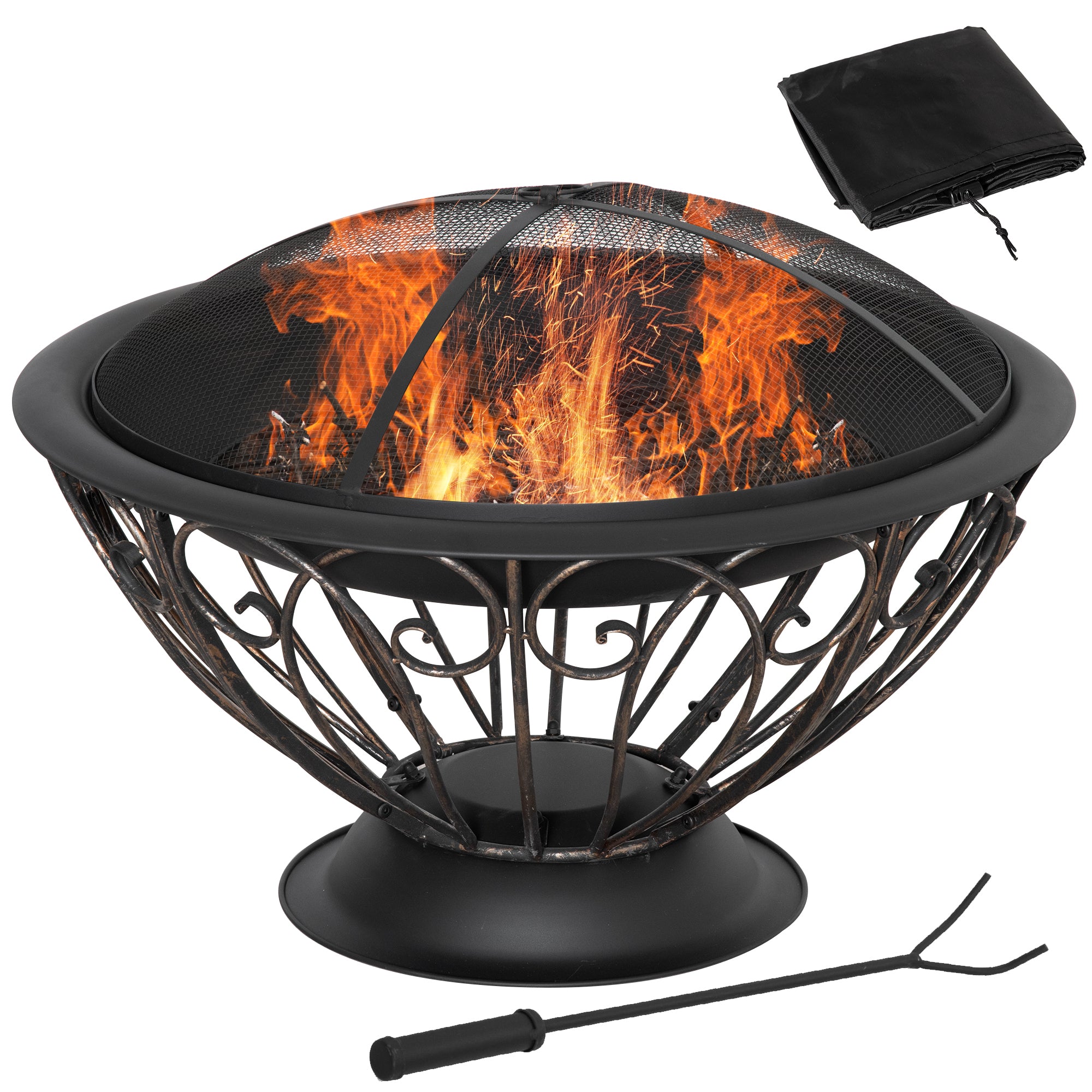 Decorative outdoor fire pit with flames, poker tool, and cover on a white background