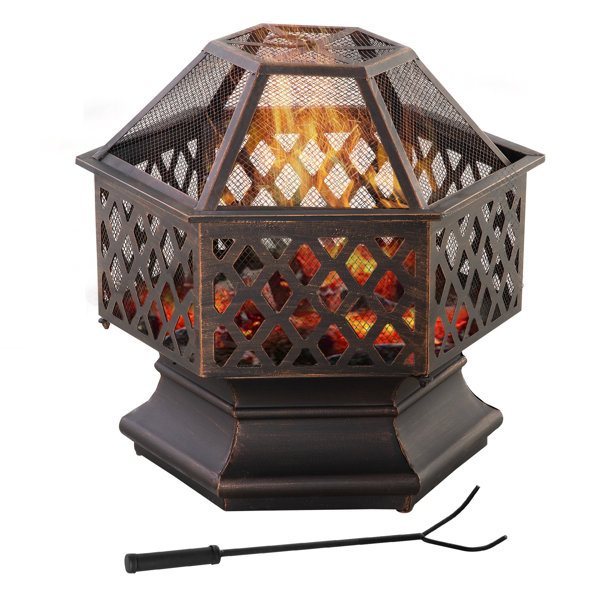 Hexagonal metal fire pit with glowing embers on a white background