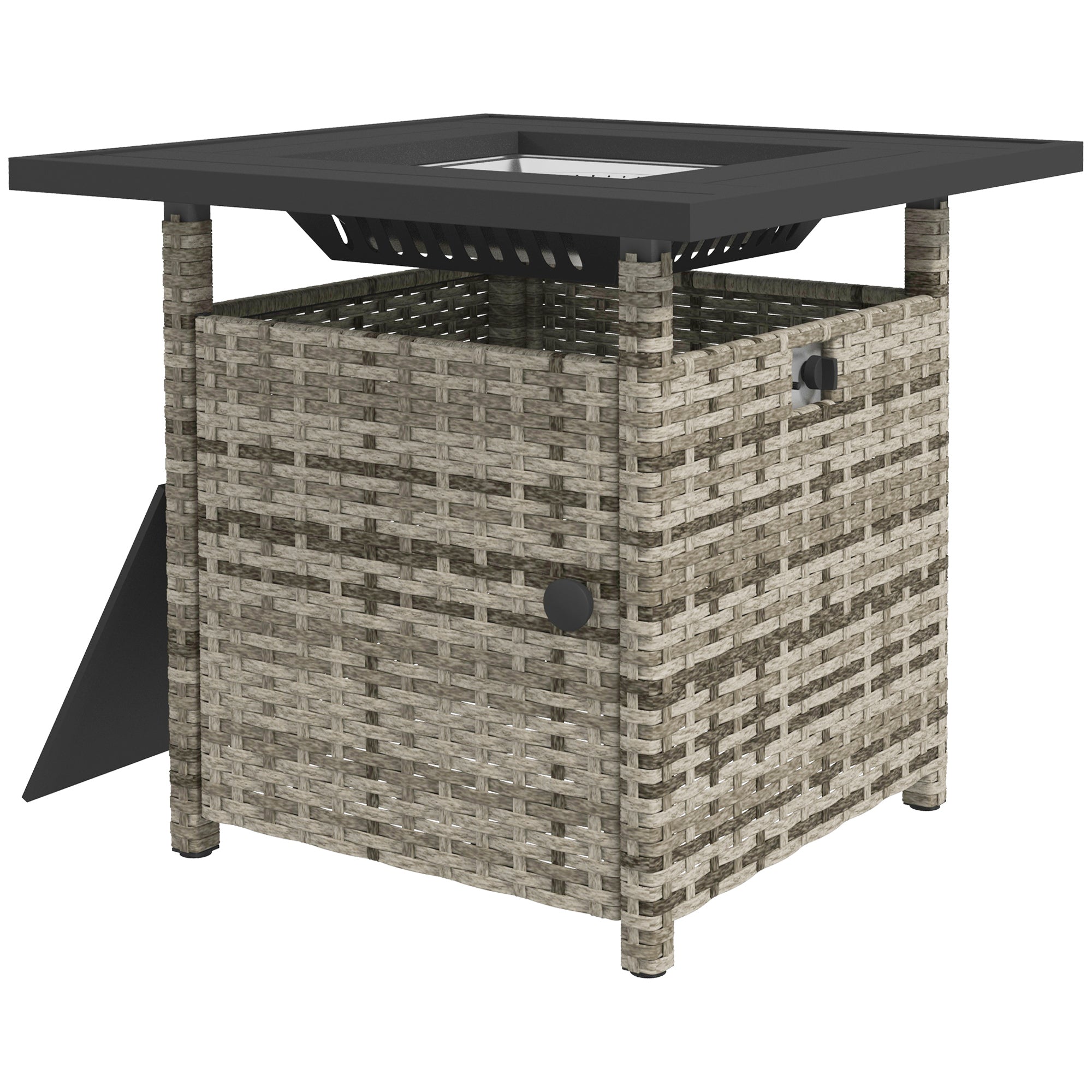 Outdoor fire pit table with wicker design and black top on a white background