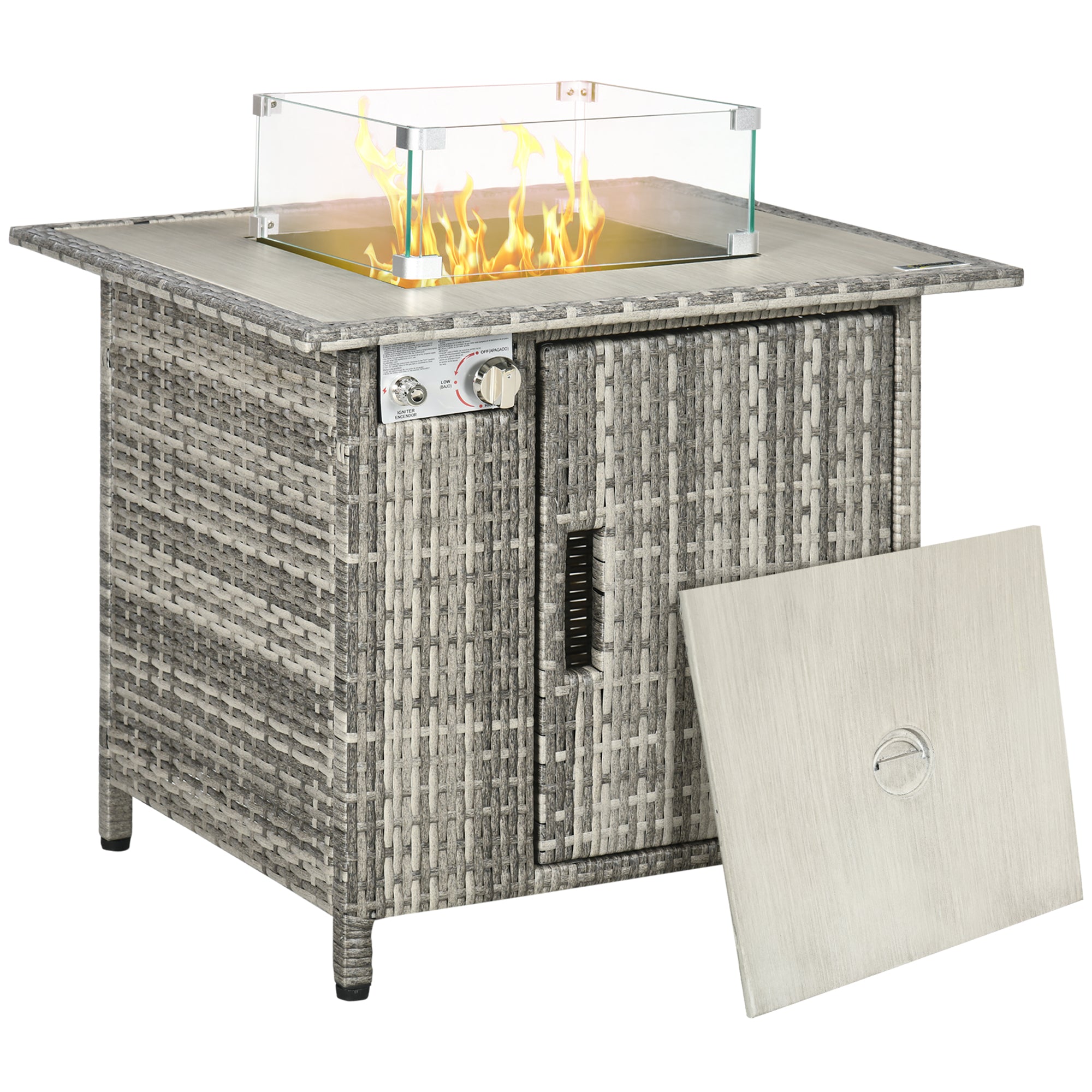 Outdoor fire table with wicker design and glass cover on a white background