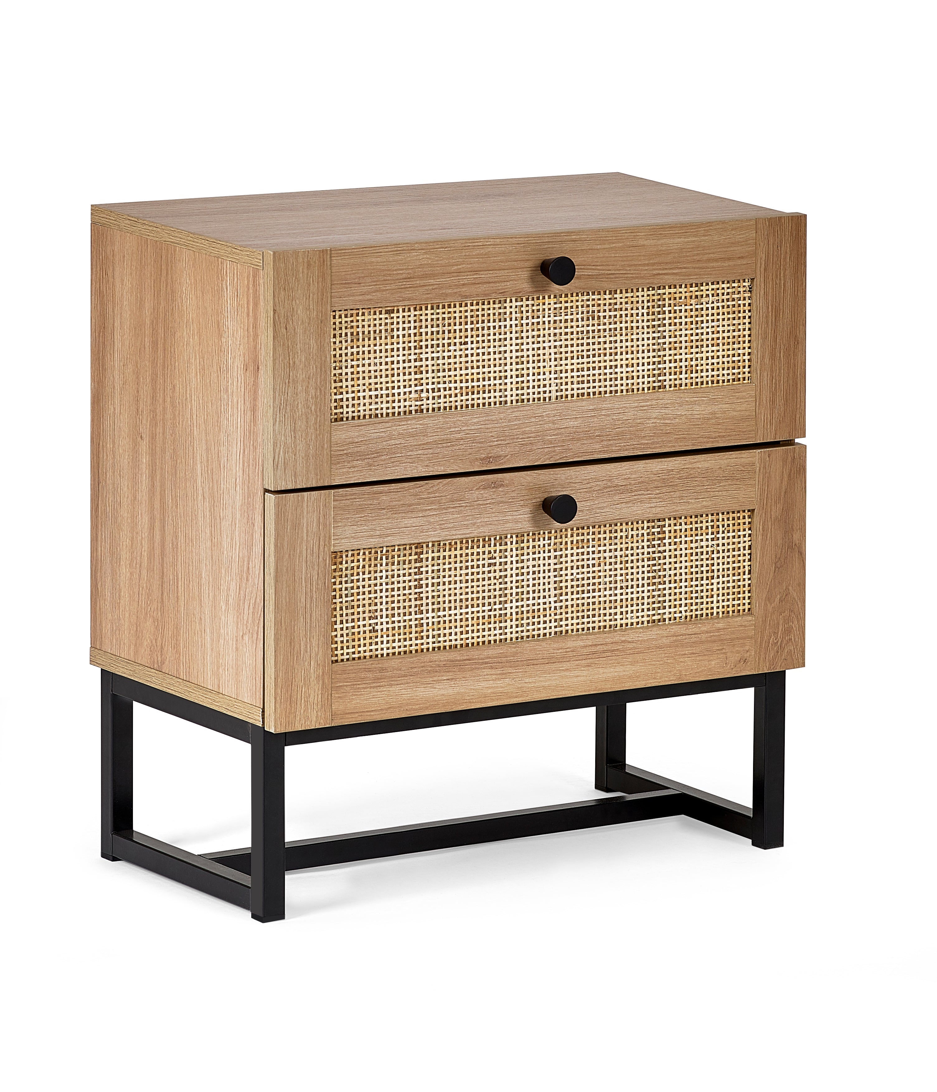 Wooden nightstand with two drawers and wicker panels on a white background