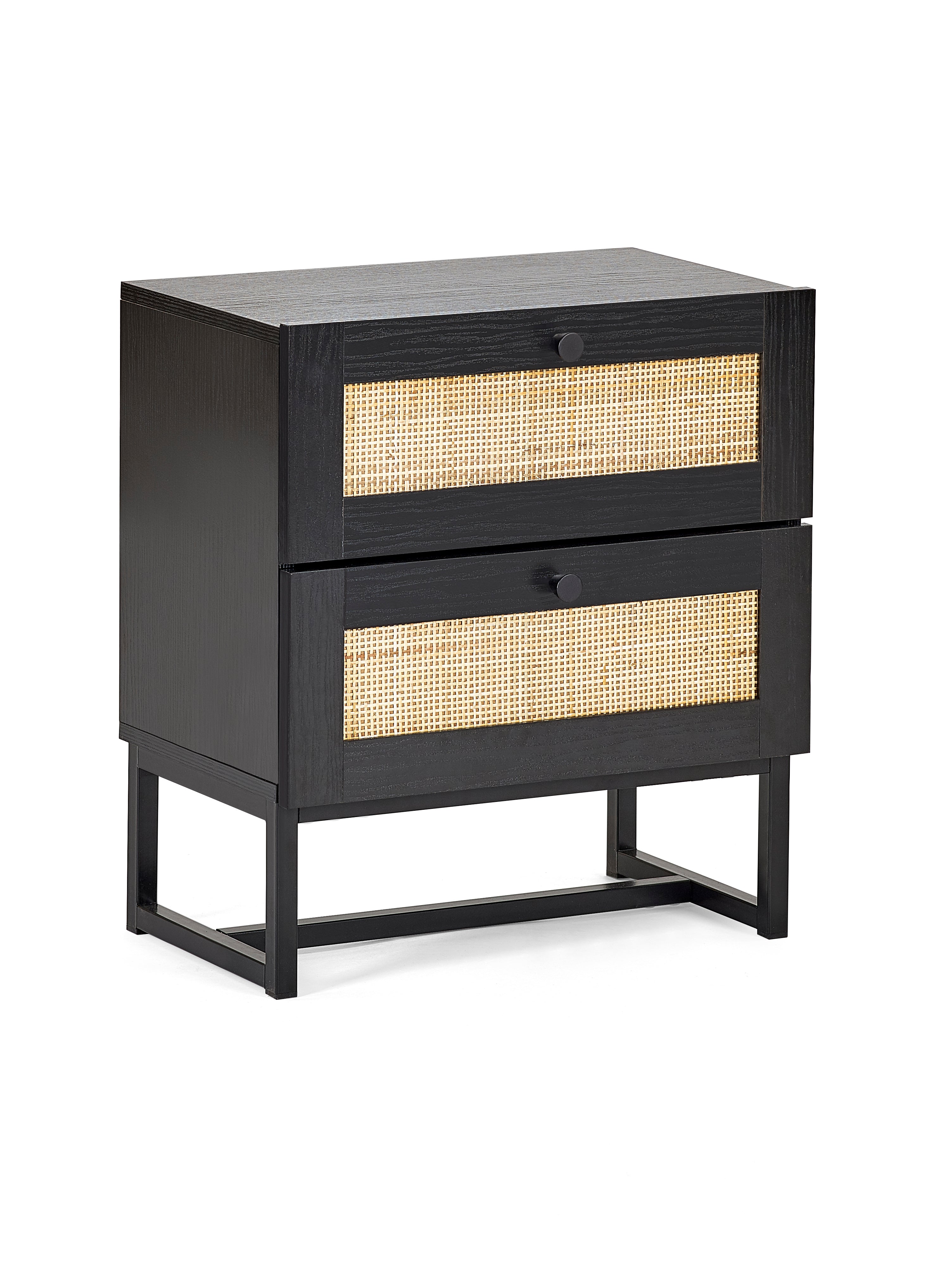 Black nightstand with rattan drawers on a white background