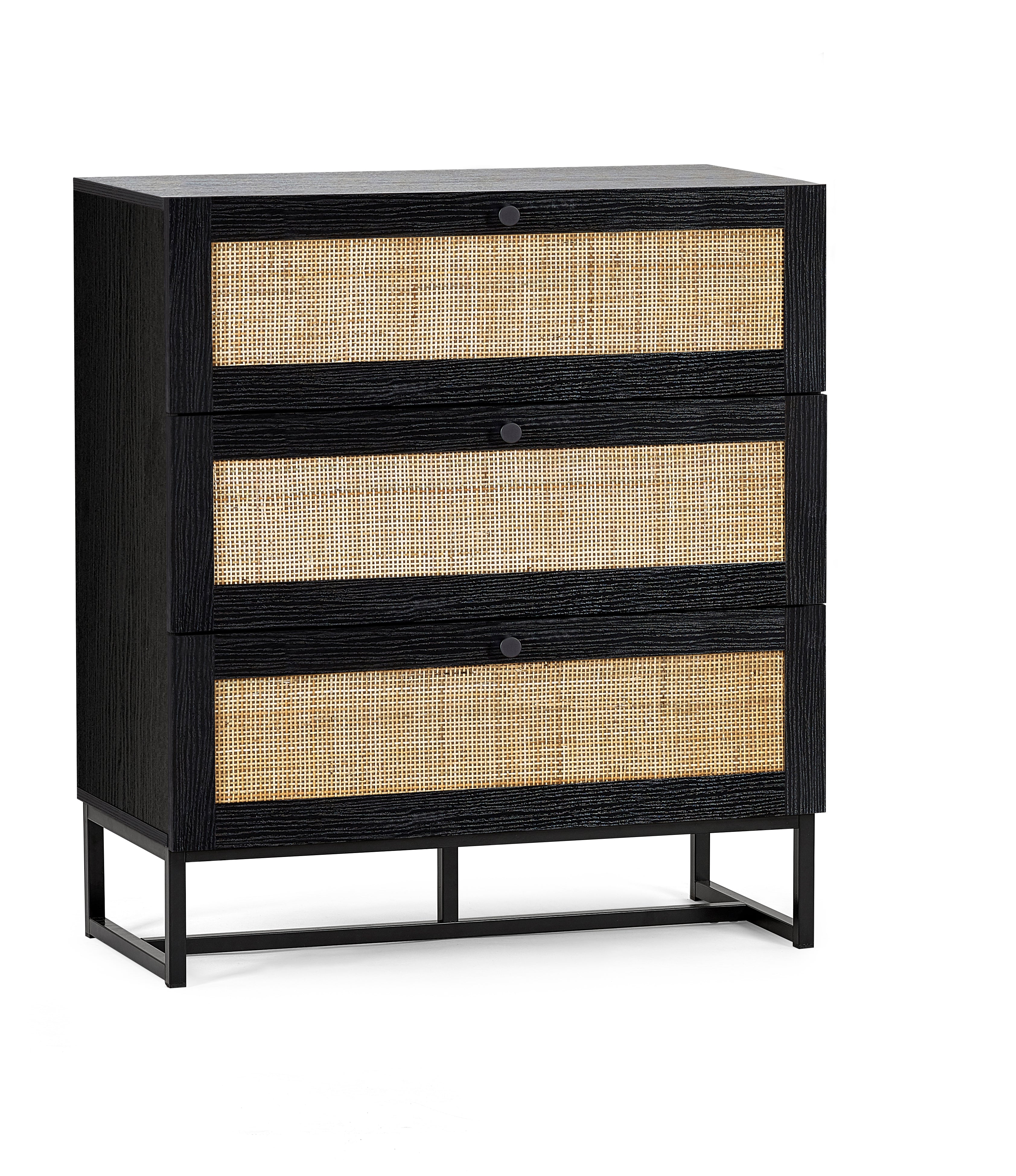 Black dresser with rattan drawers on a white background