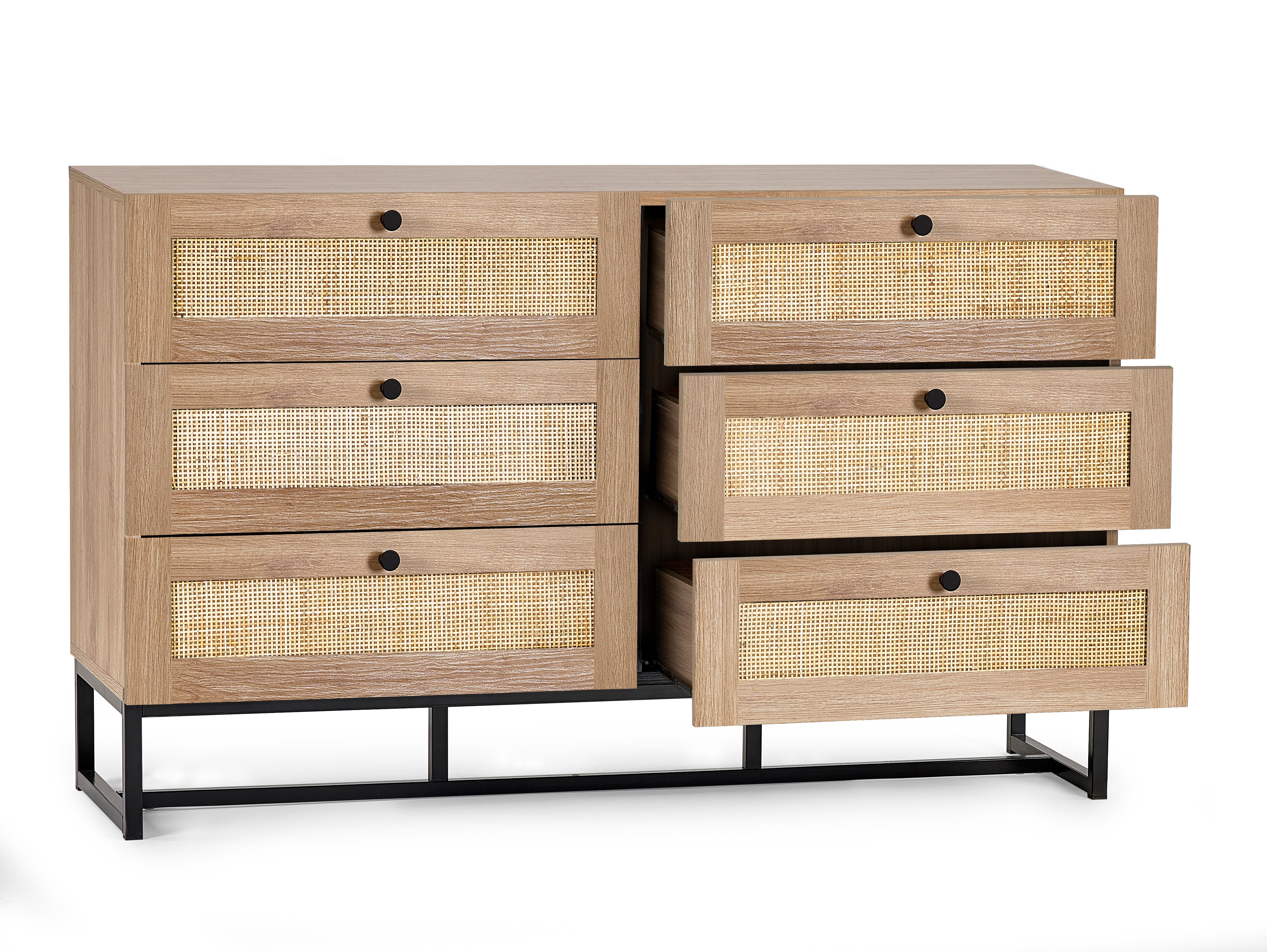 Wooden dresser with woven drawers on a white background