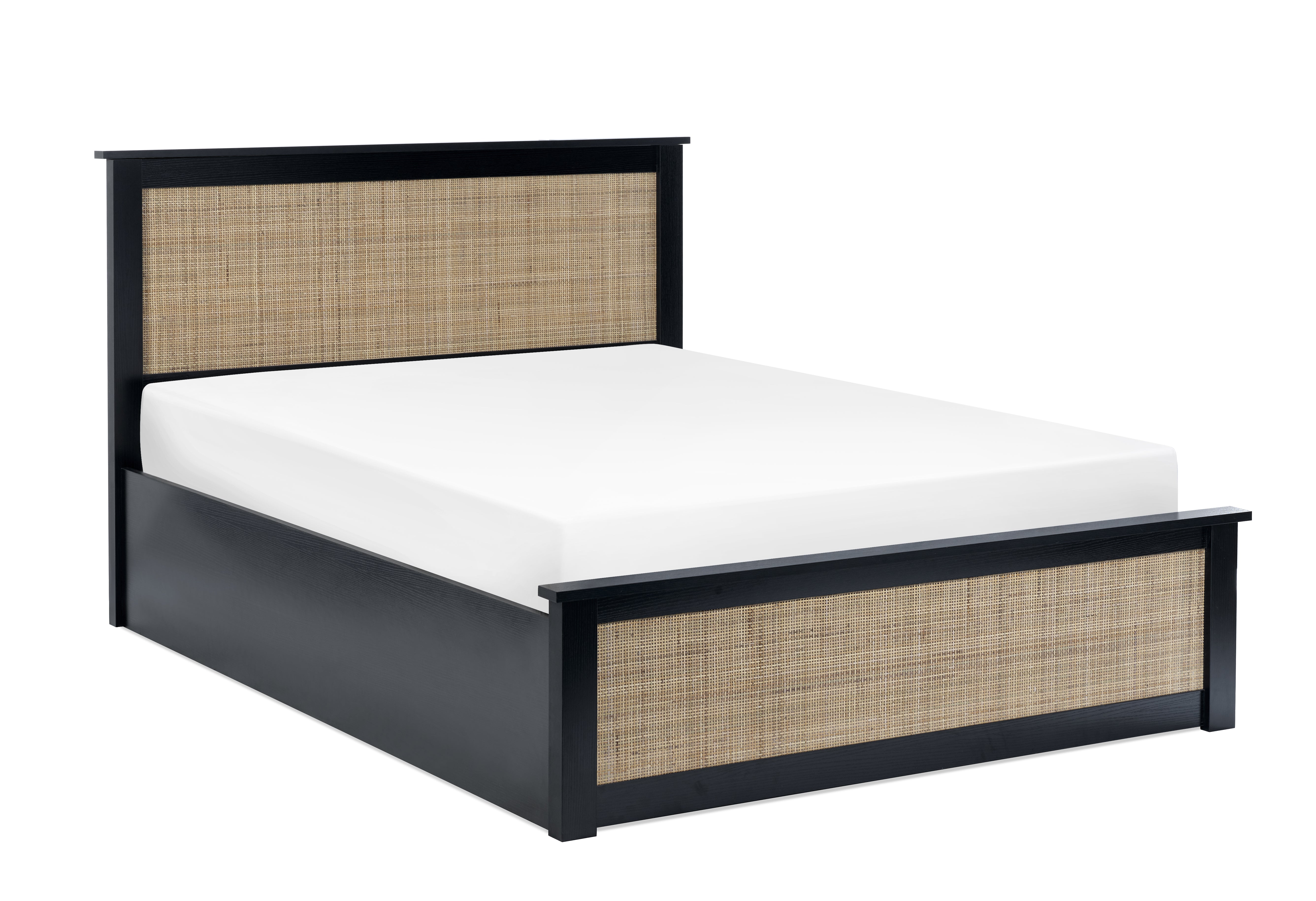 Bed with black frame and woven design on a white background