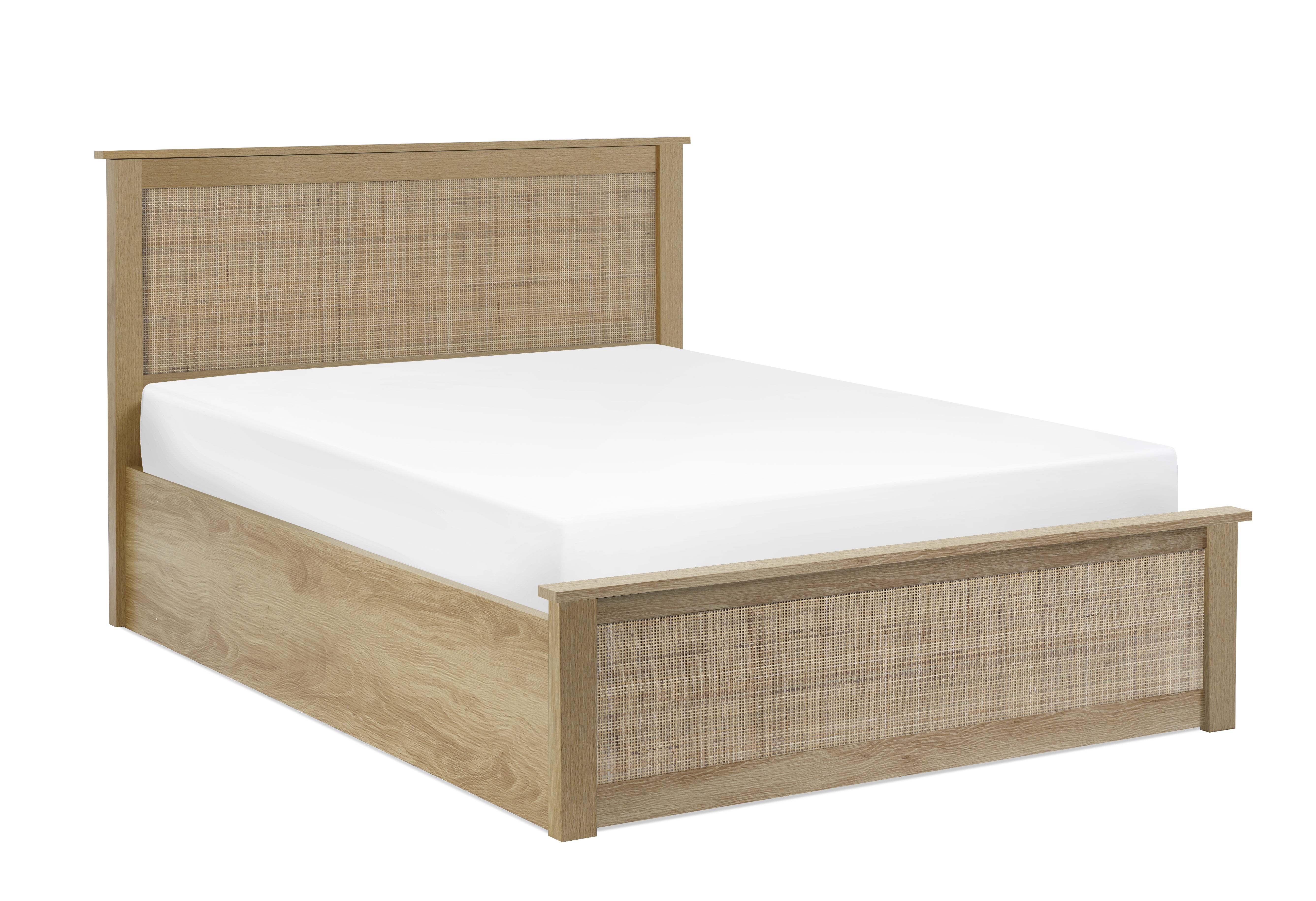 Wooden bed frame with wicker headboard and footboard on a white background