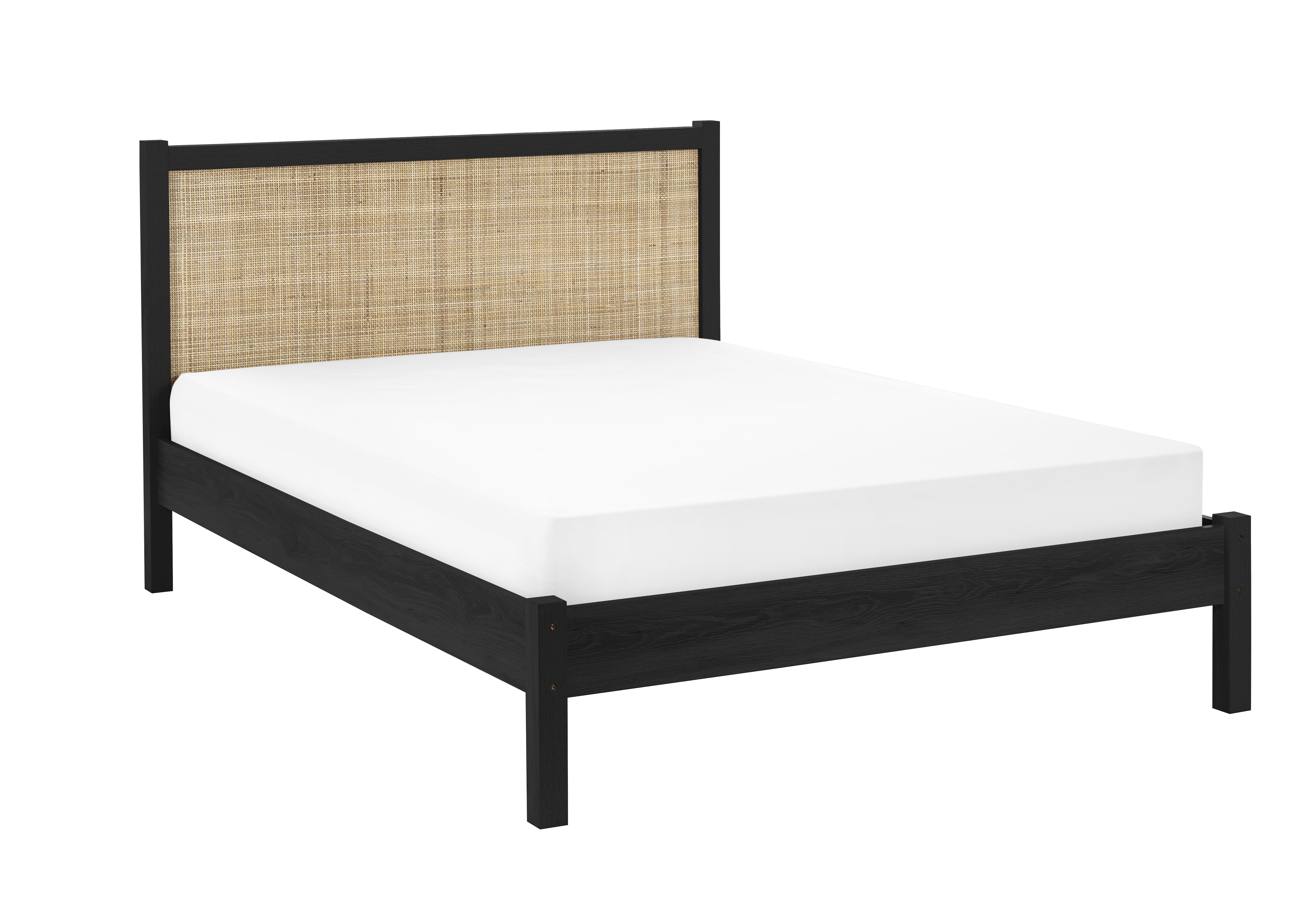Bed with black frame and woven headboard on a white background