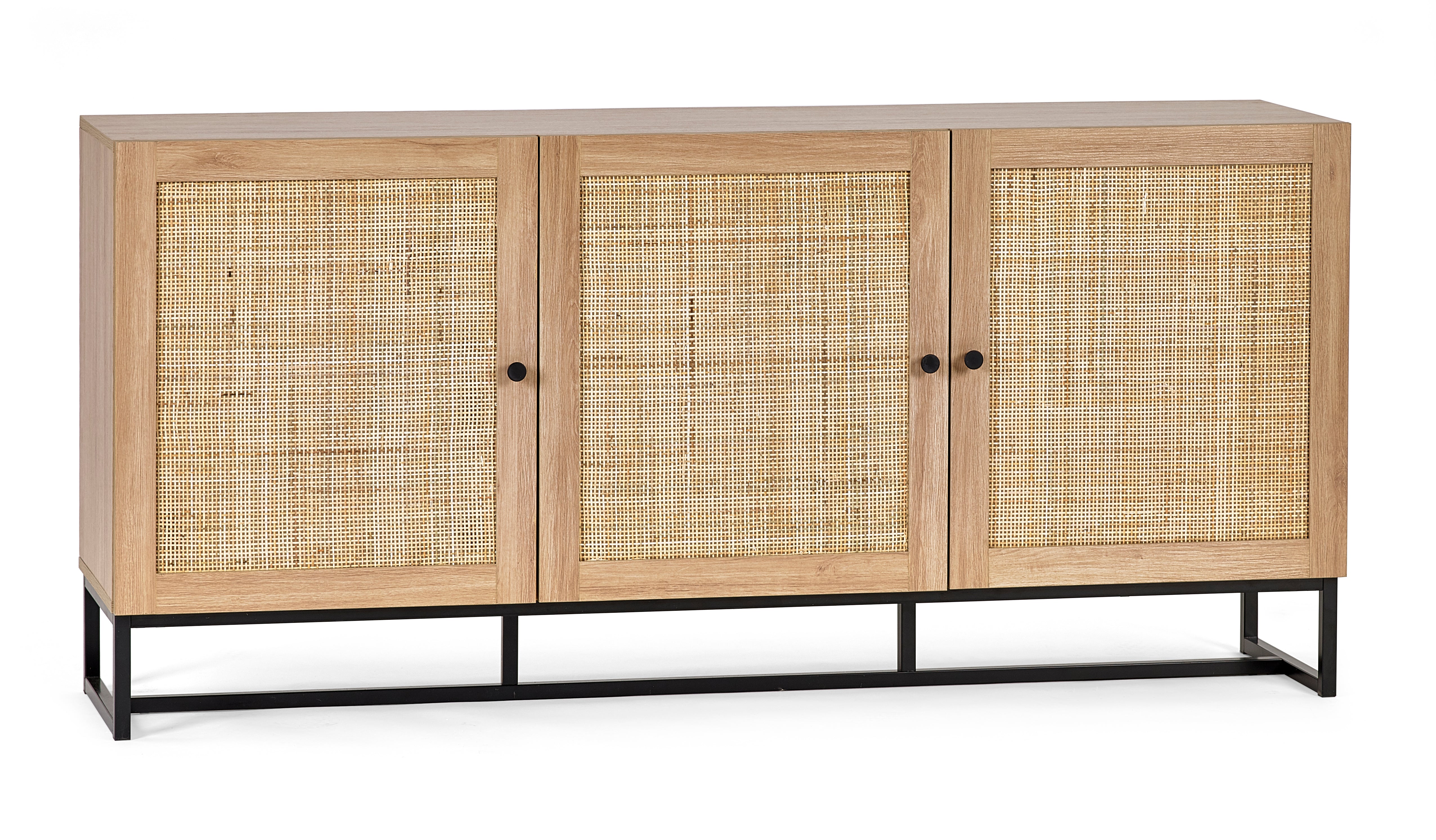 Wooden cabinet with rattan doors on a white background