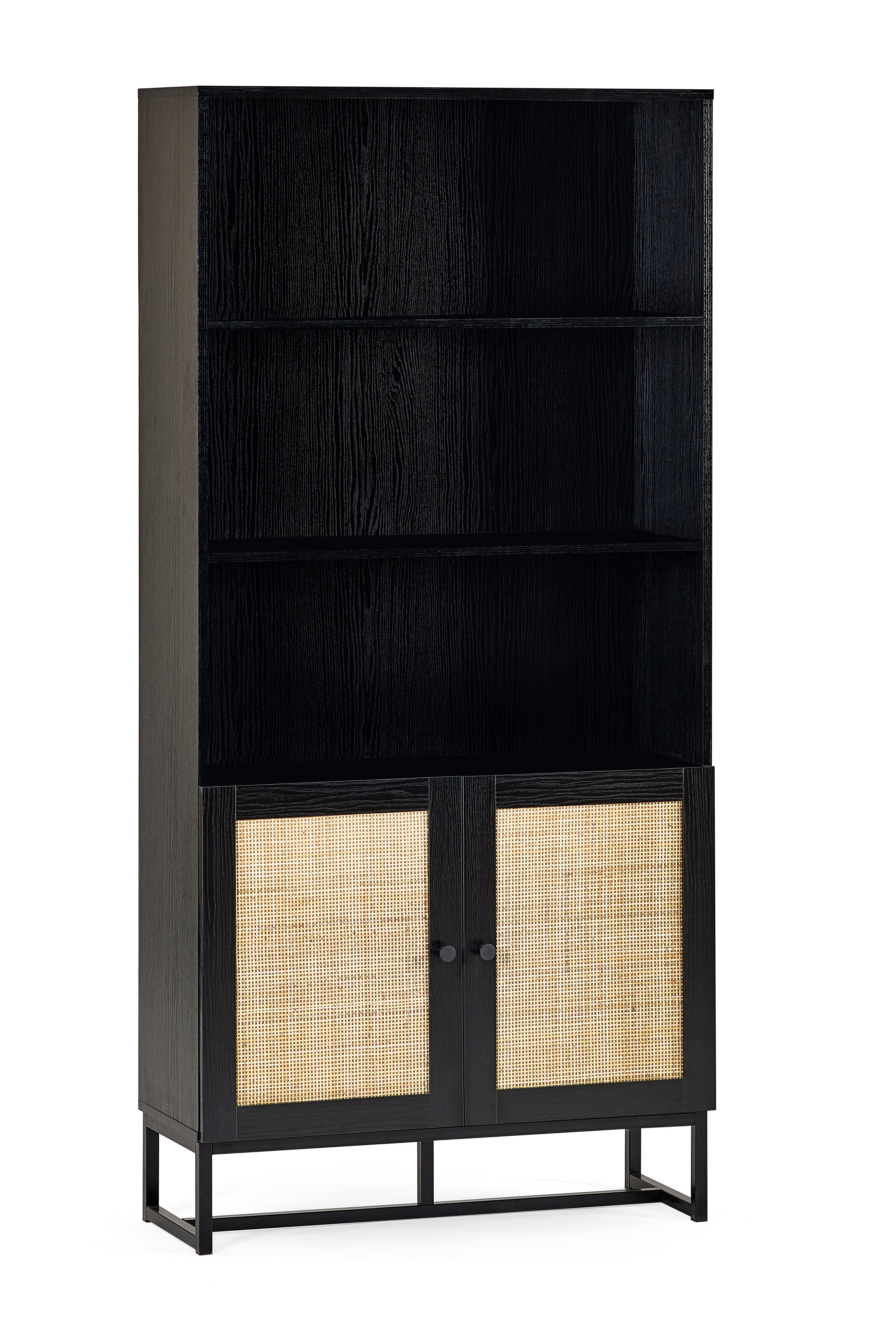 Black cabinet with wicker doors on a white background