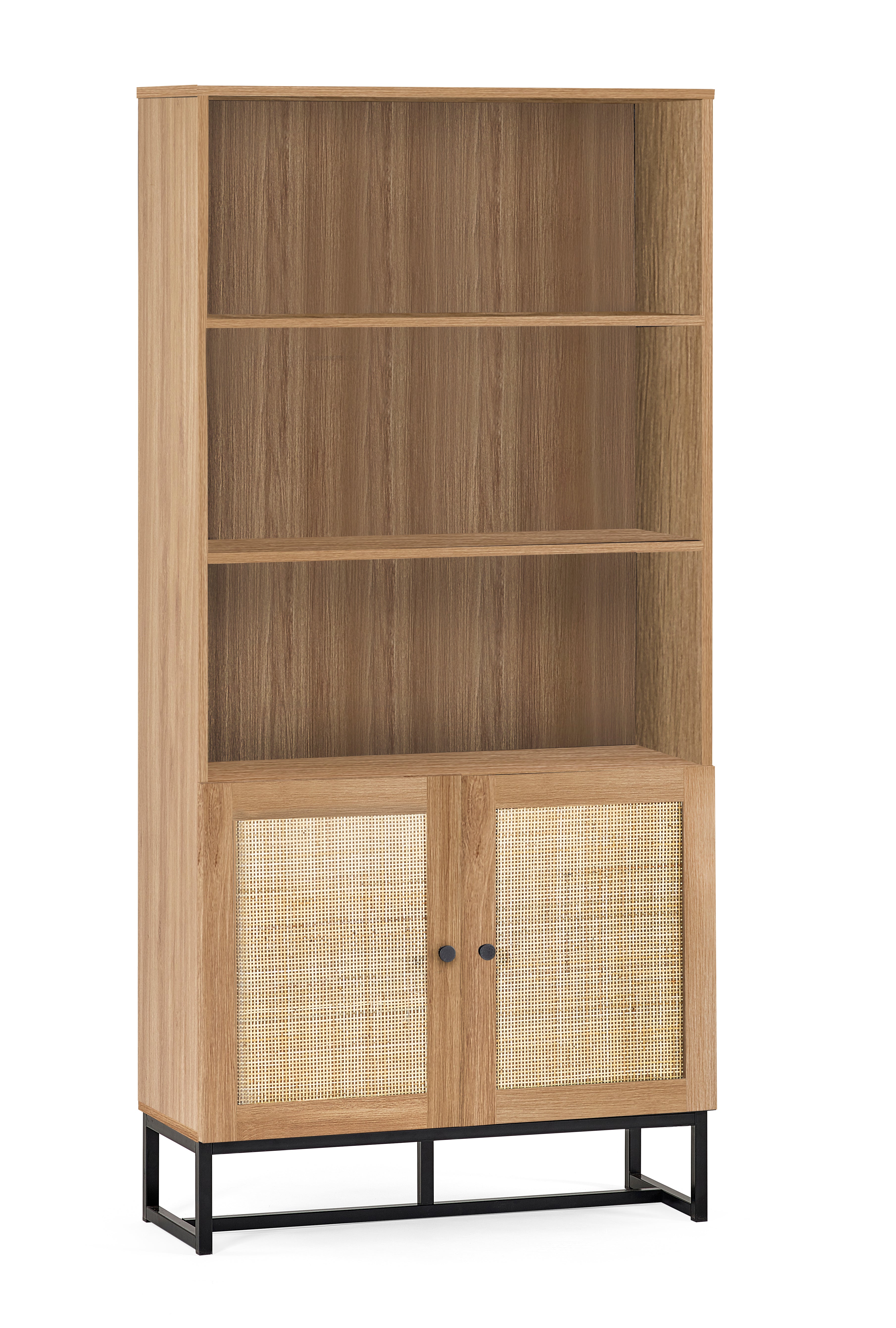 Wooden cabinet with wicker doors on a white background