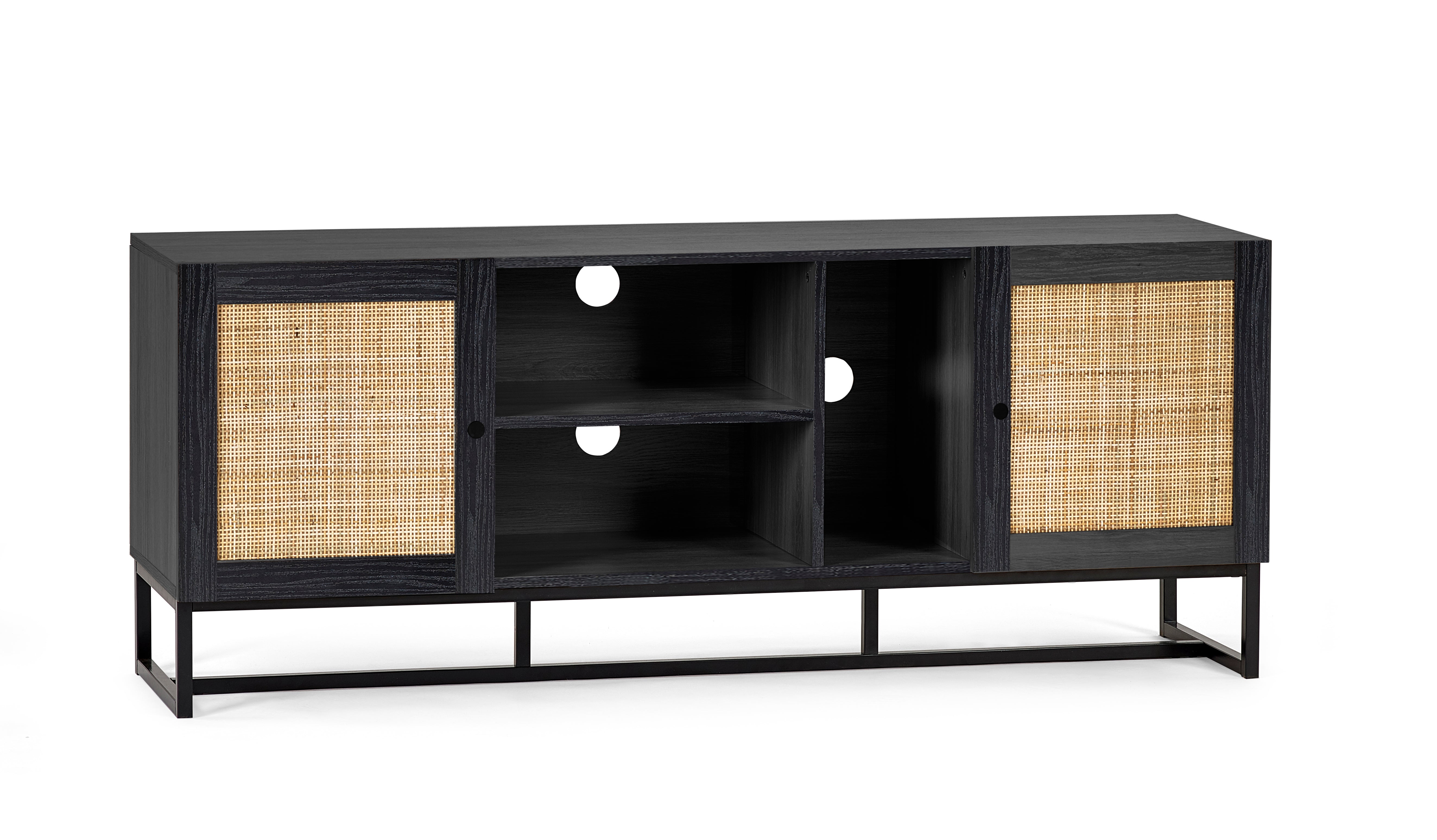 Black entertainment console with wicker doors on a white background