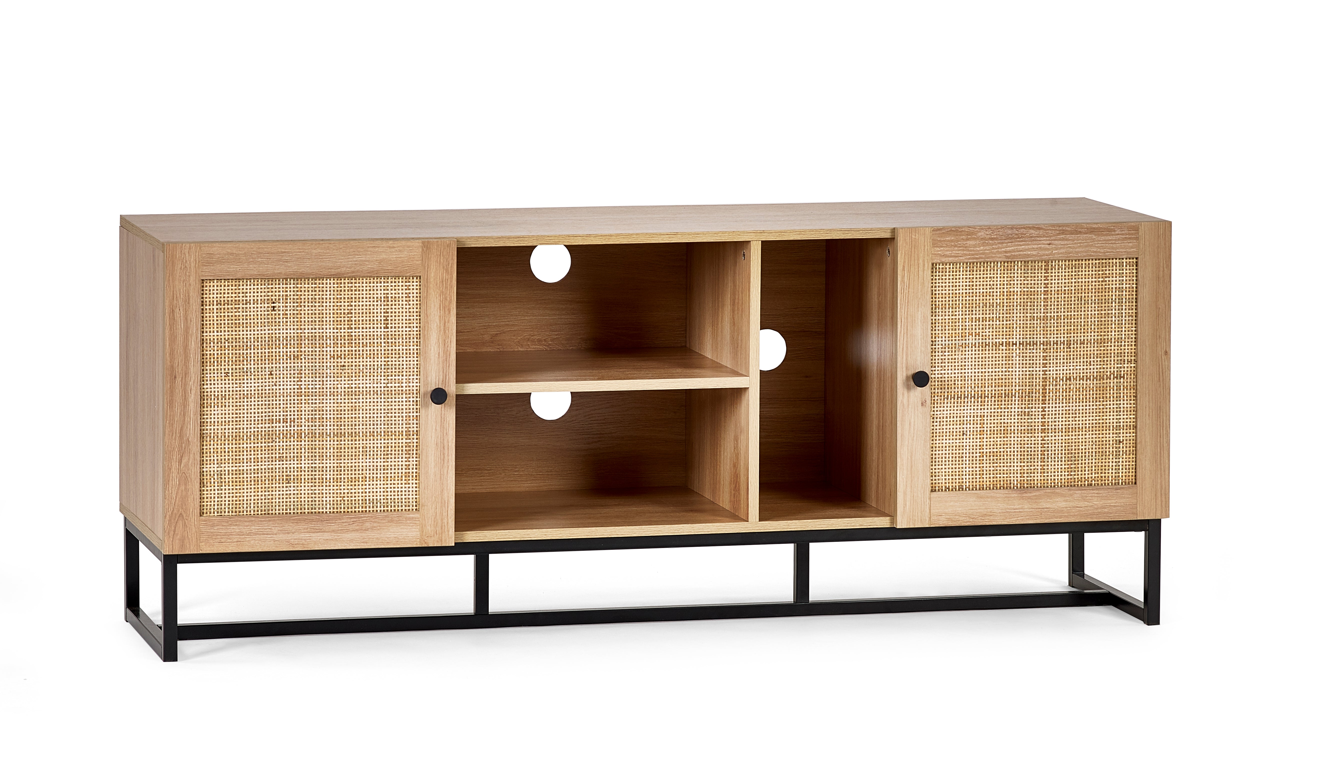 Wooden entertainment console with rattan doors on a white background