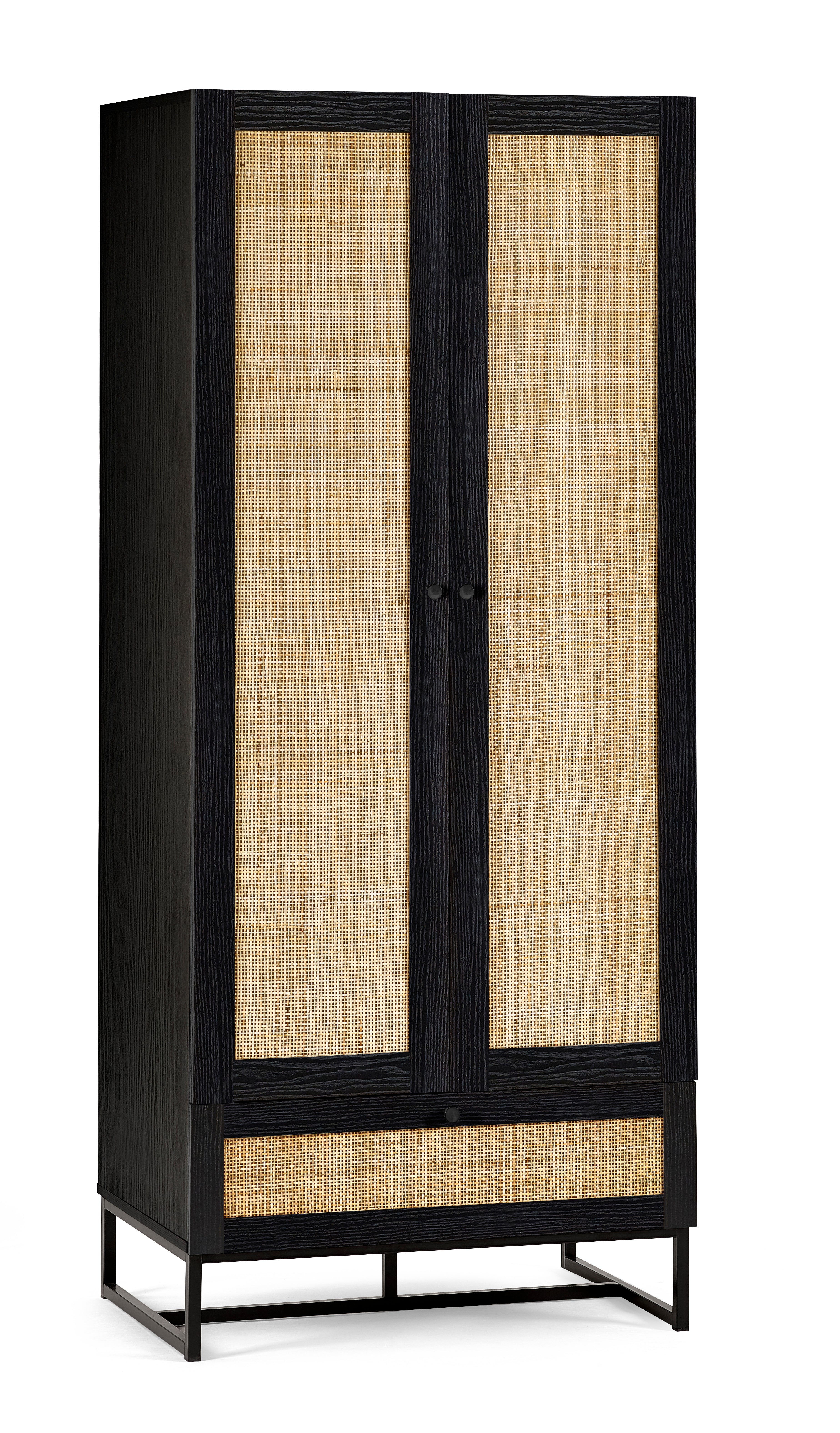 Black cabinet with rattan doors on a white background