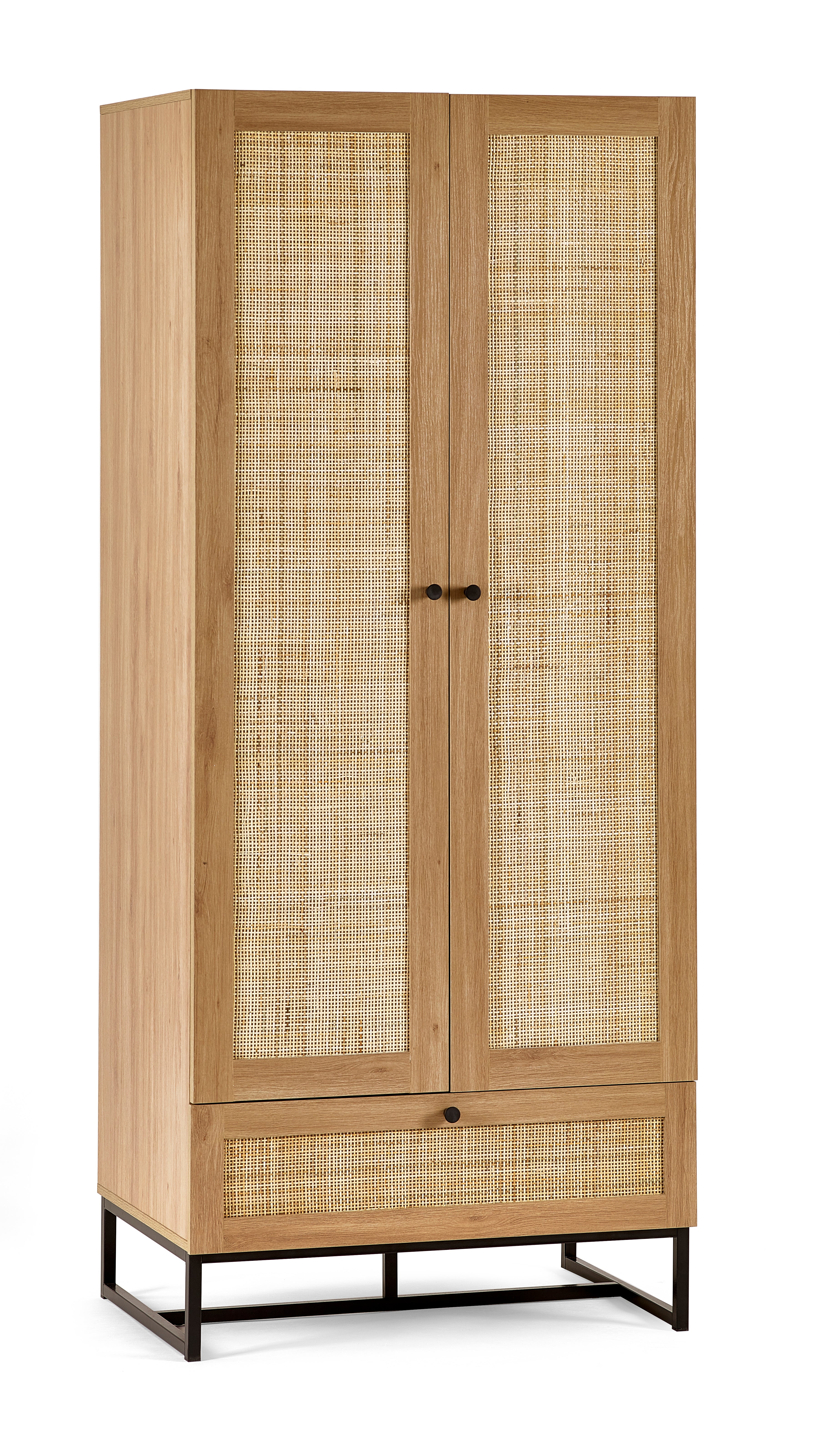 Wooden cabinet with rattan doors on a white background
