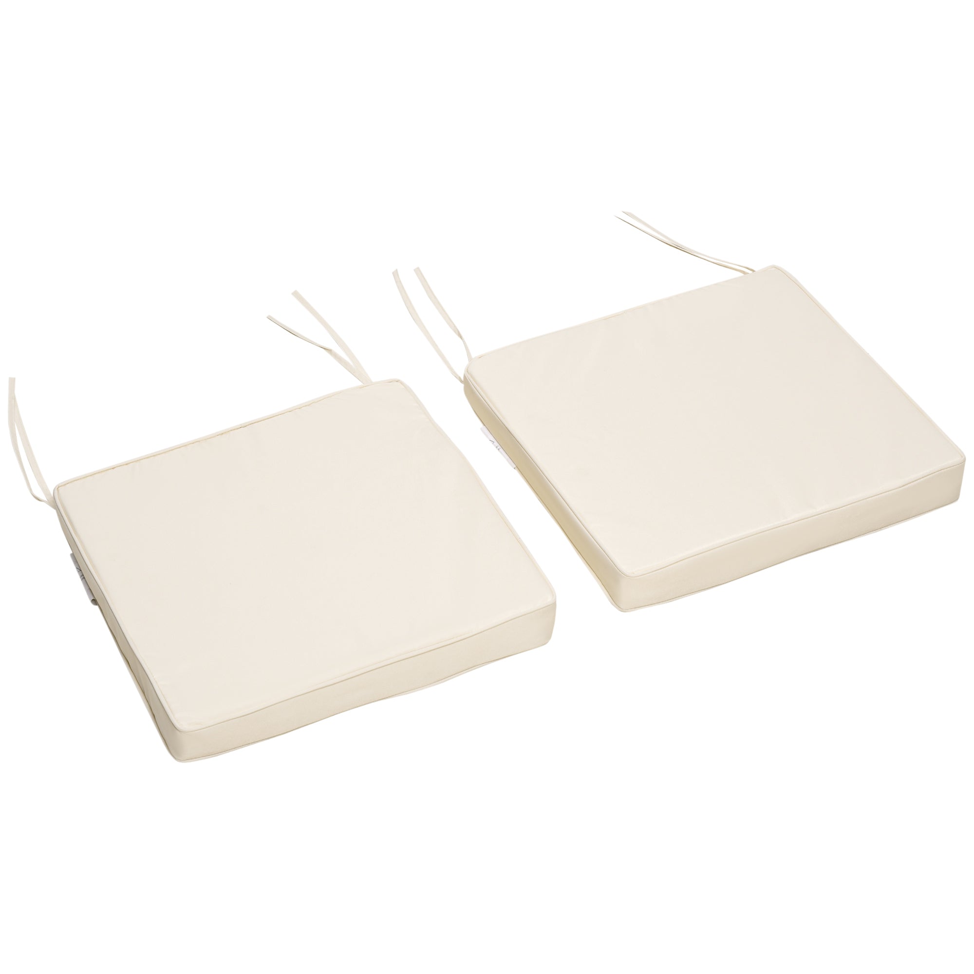 Two cream-colored square seat cushions with strings on a white background
