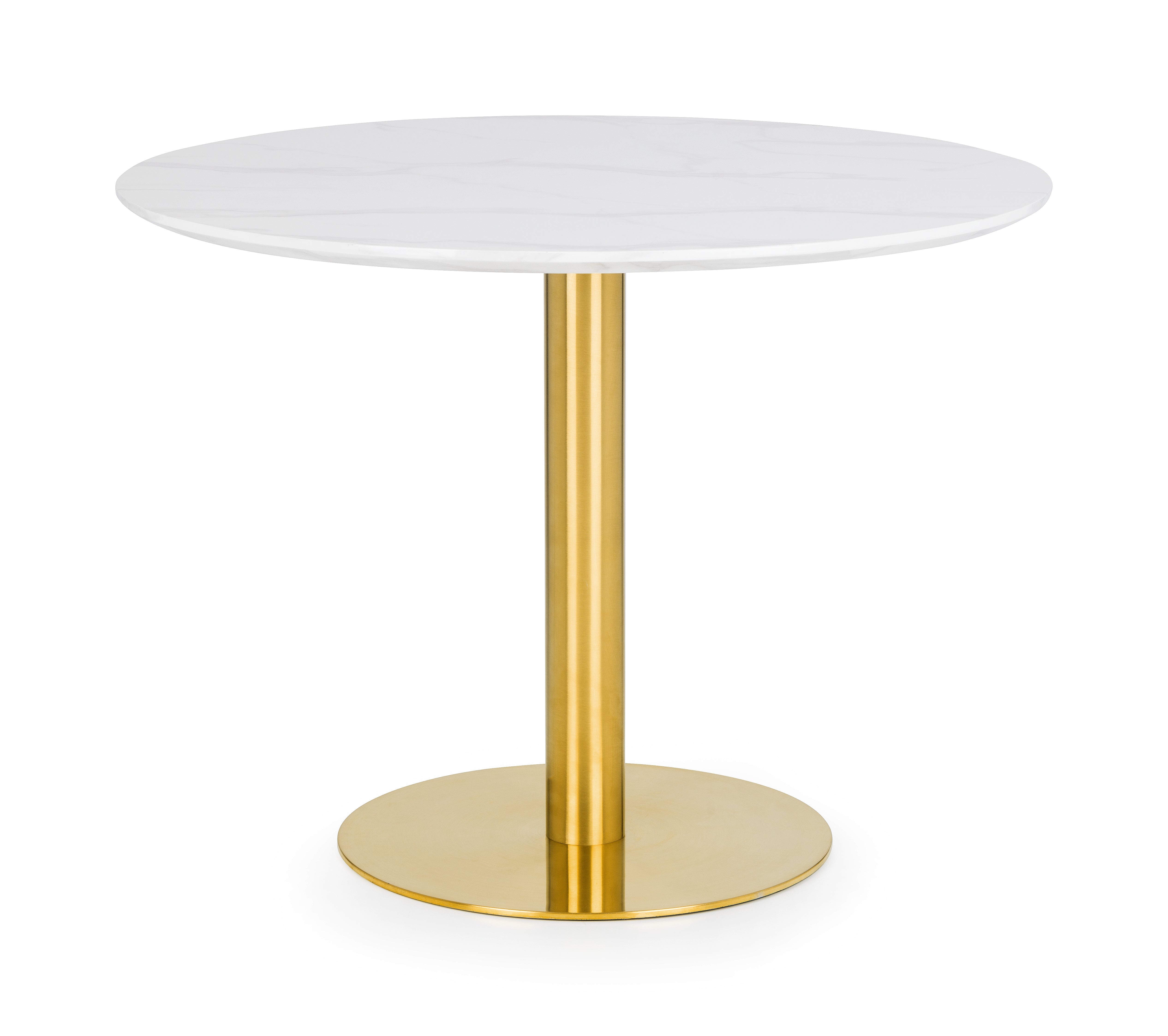 Round table with a white top and gold base on a white background