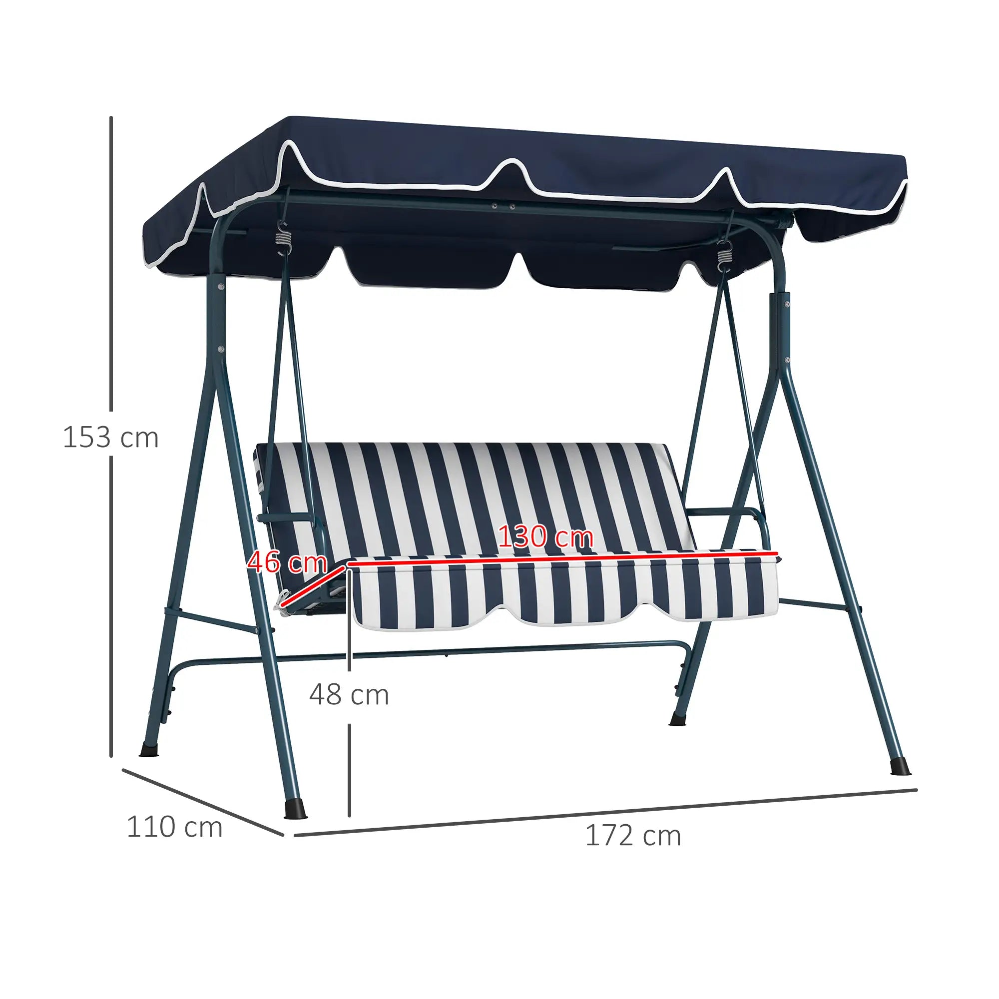 Measurement chart of a swing with canopy on a white background