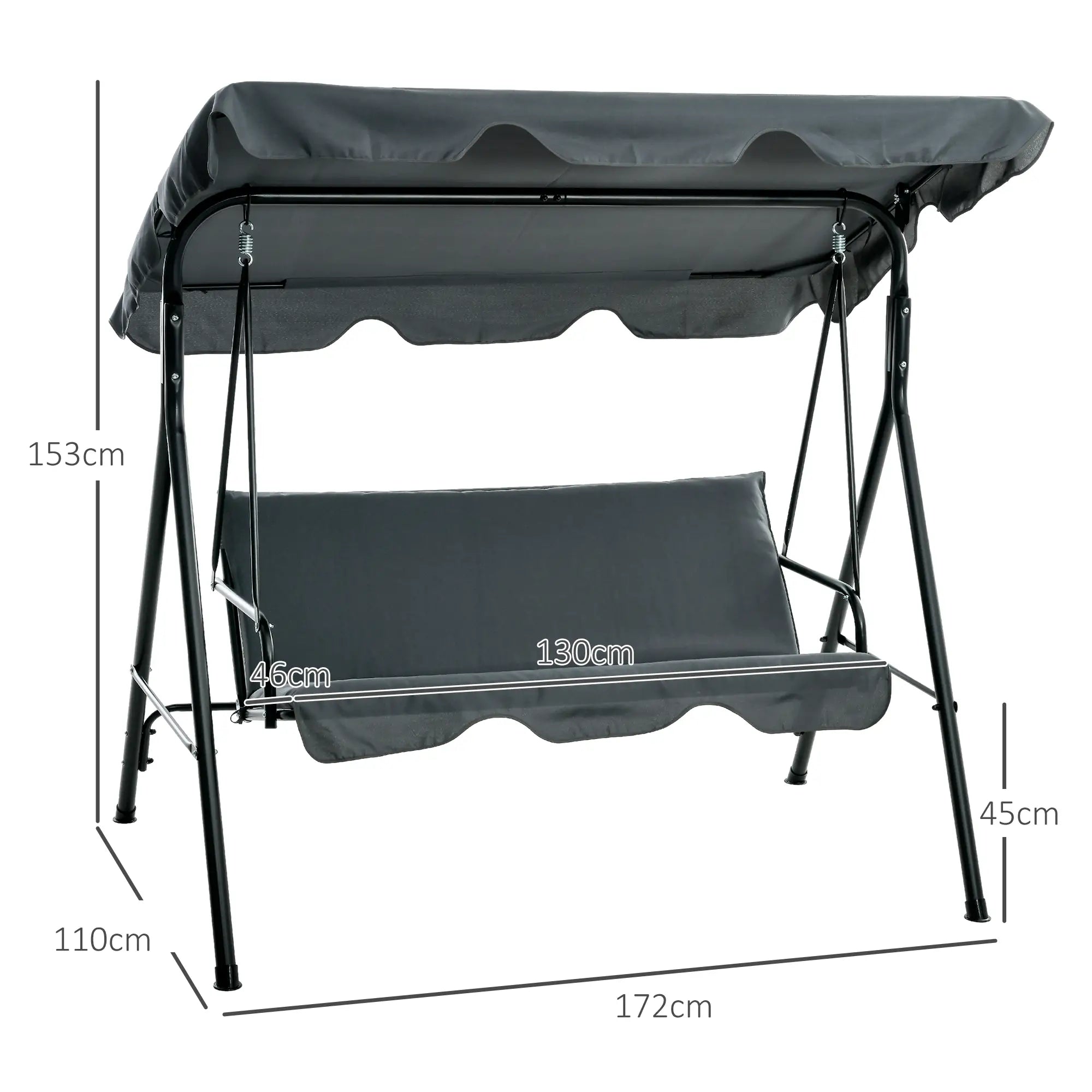 Grey outdoor swing with dimensions labeled on a white background