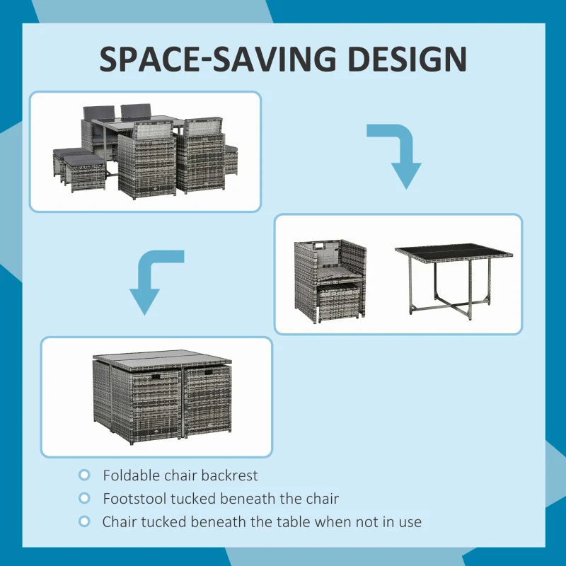 Space-saving design infographic with collapsible furniture pieces on a blue background