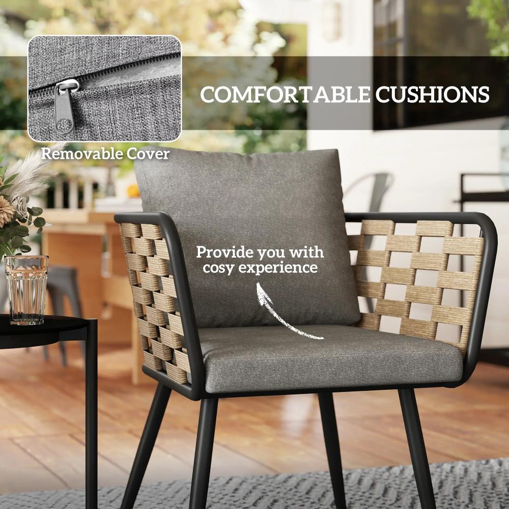 Chair with gray cushion and text about removable cover and cozy experience, blurred background