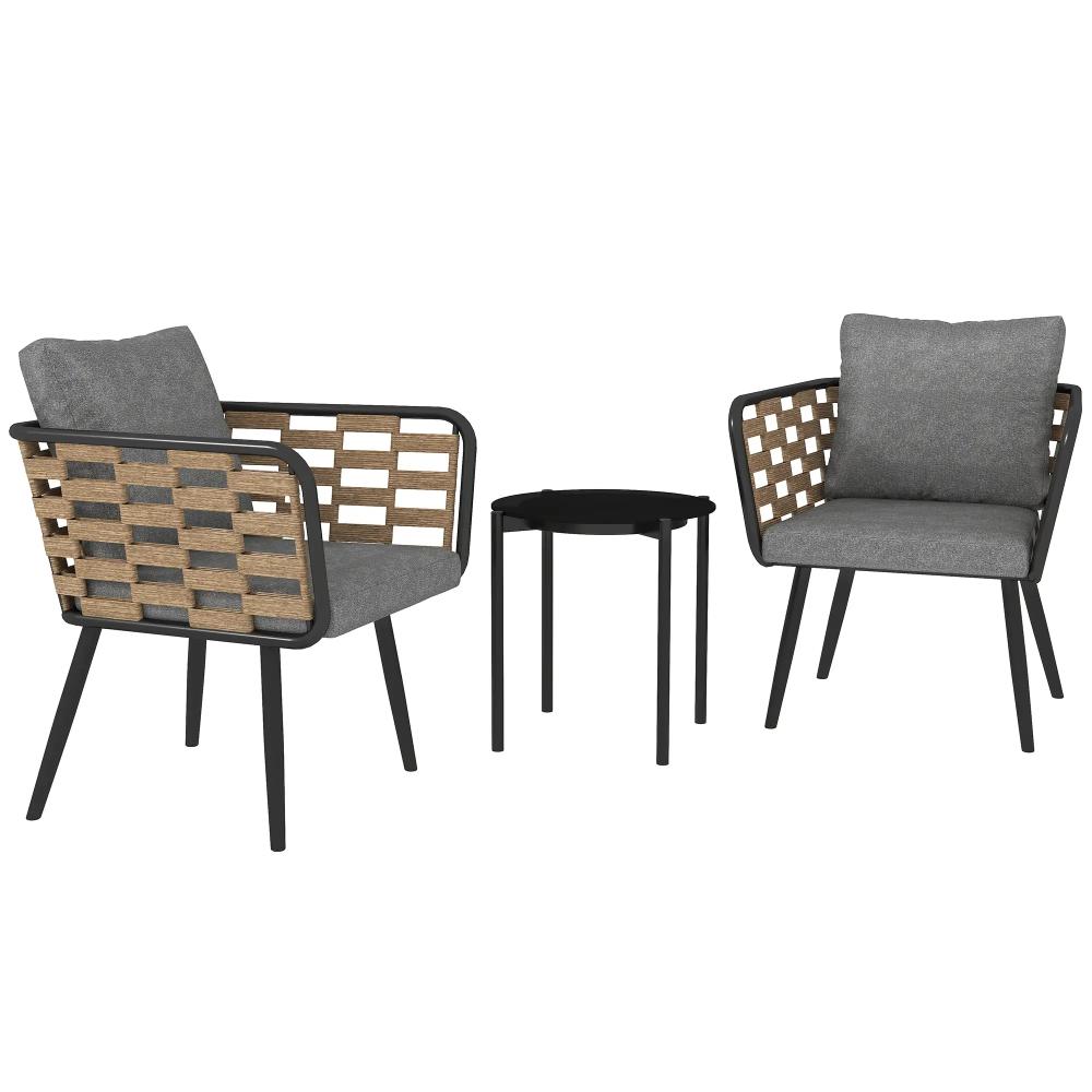 Two chairs with woven backrests and gray cushions, accompanied by a small round table on a white background.