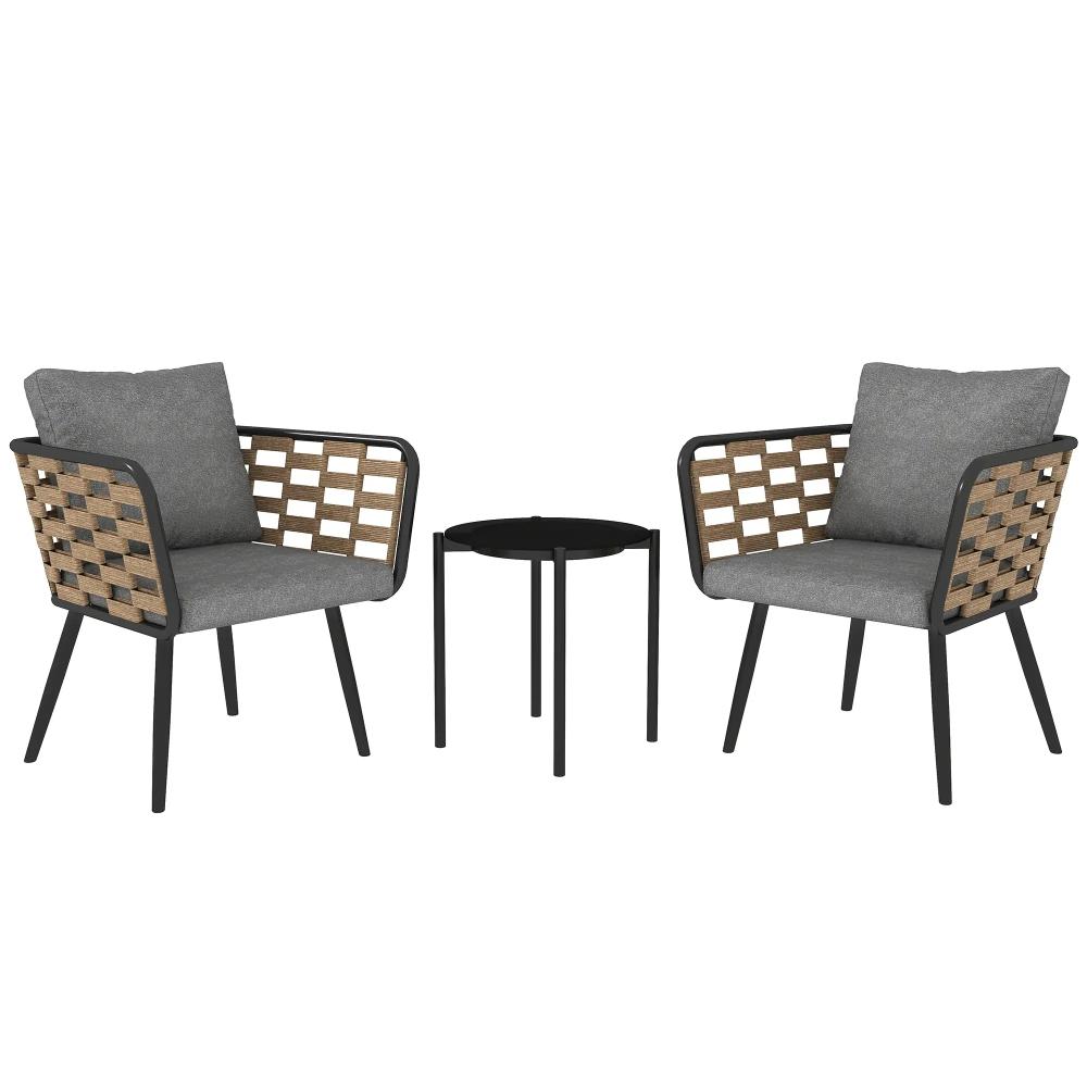 Two chairs with woven backrests and gray cushions, accompanied by a small round table on a white background.