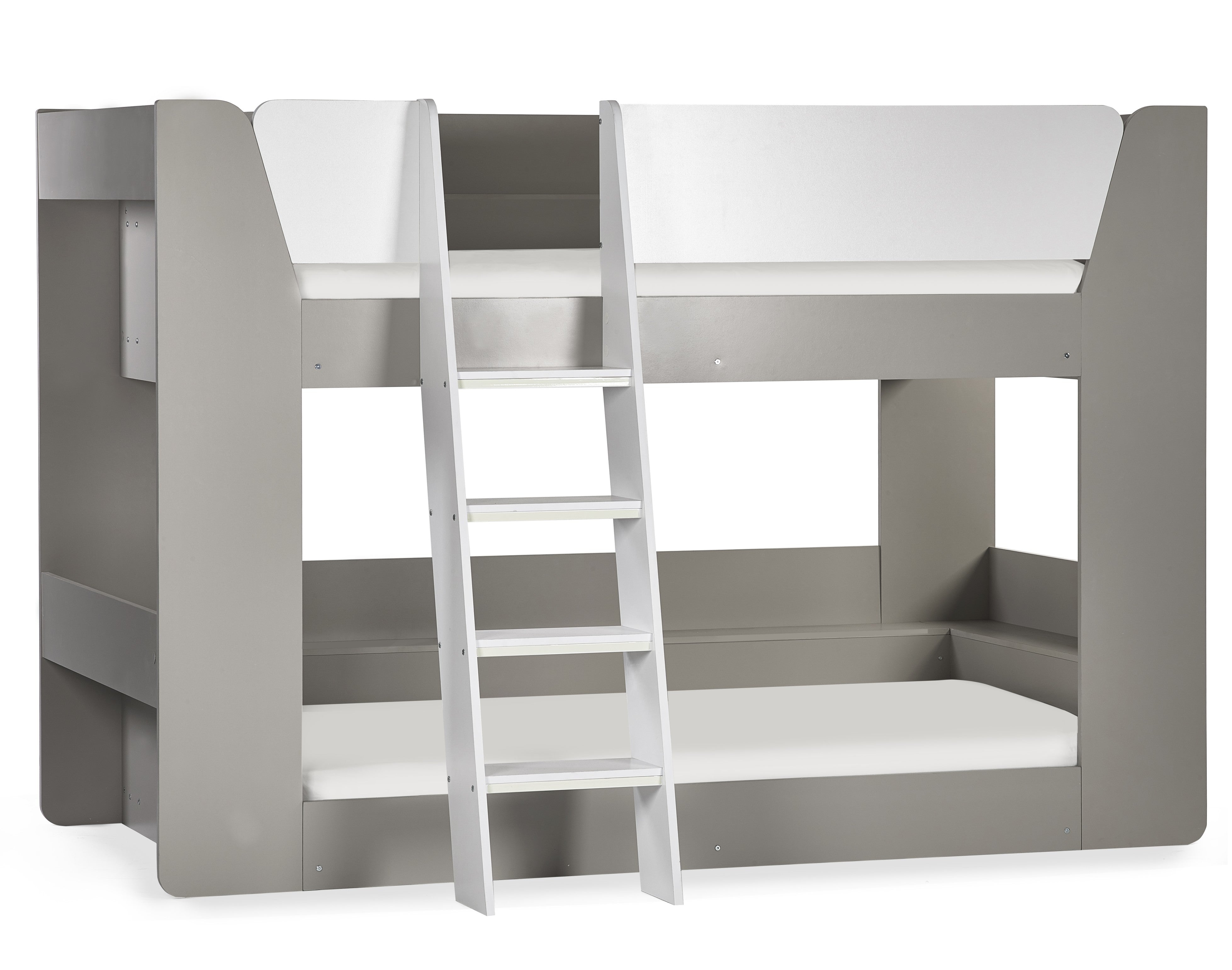 Gray and white bunk bed with ladder on a white background