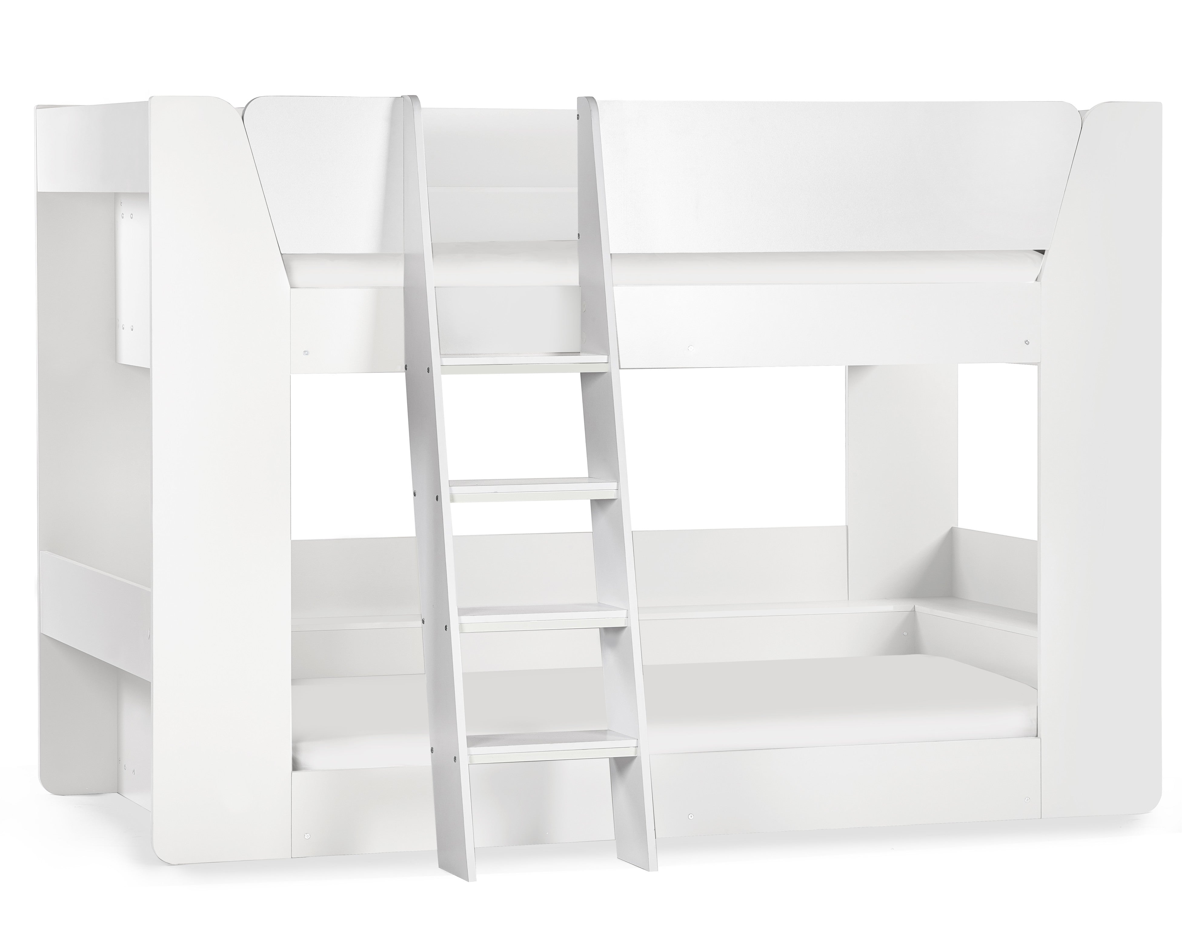 White children's bunk bed with ladder on a white background