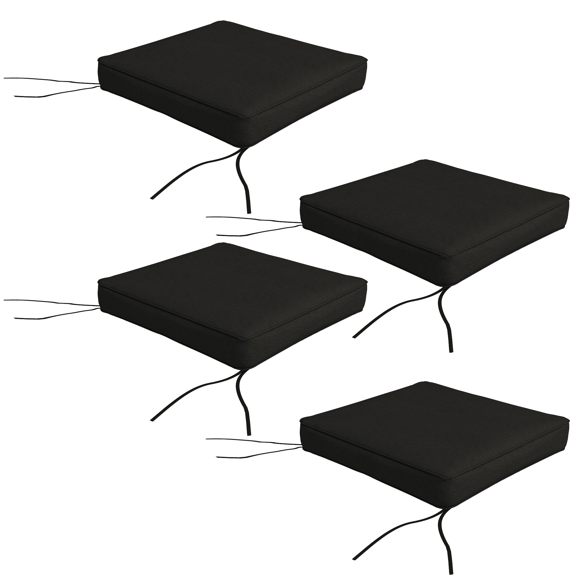 Four black square cushions on a white background