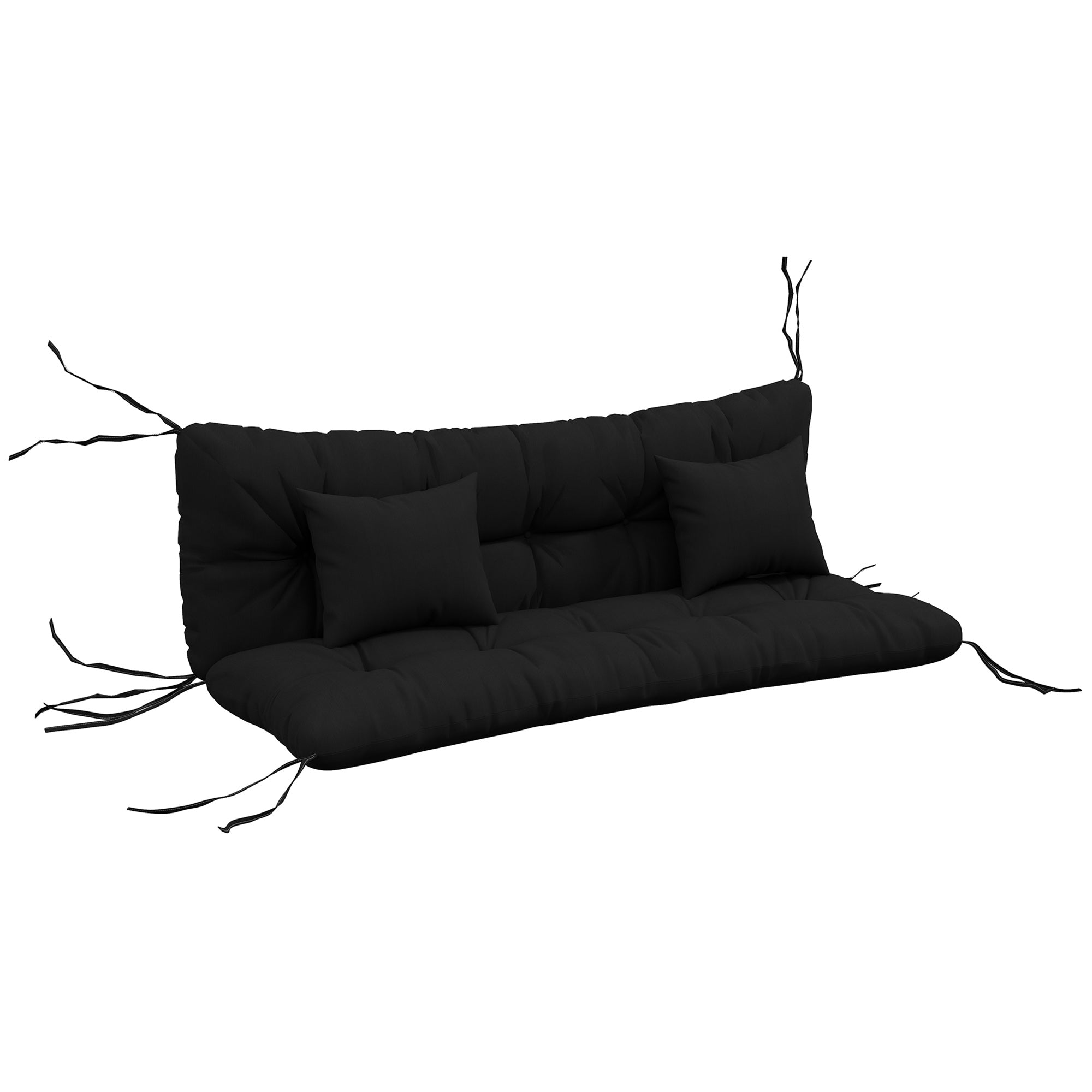 Black outdoor cushion set with ties on a white background