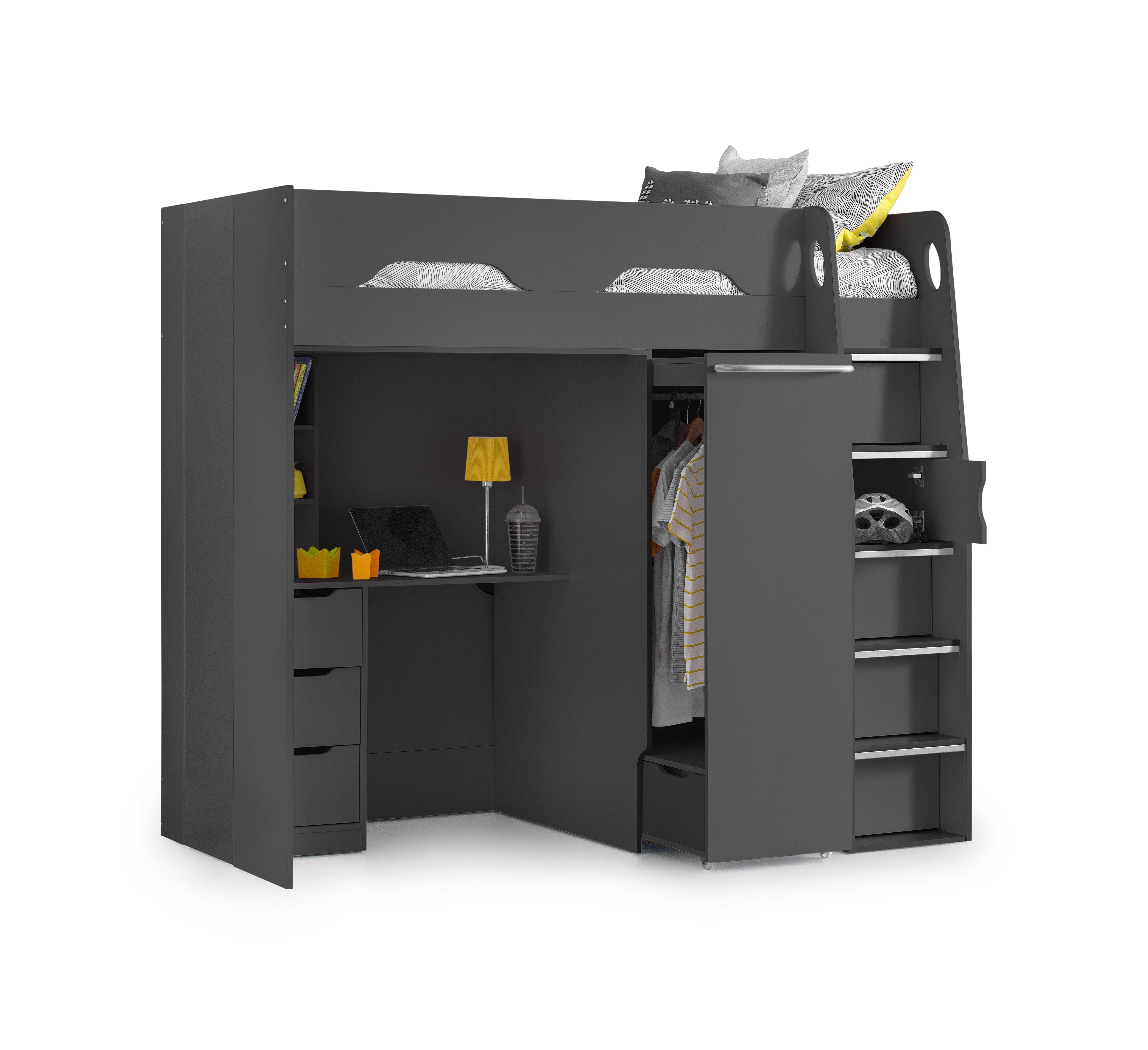 Gray loft bed with desk and storage compartments on a white background