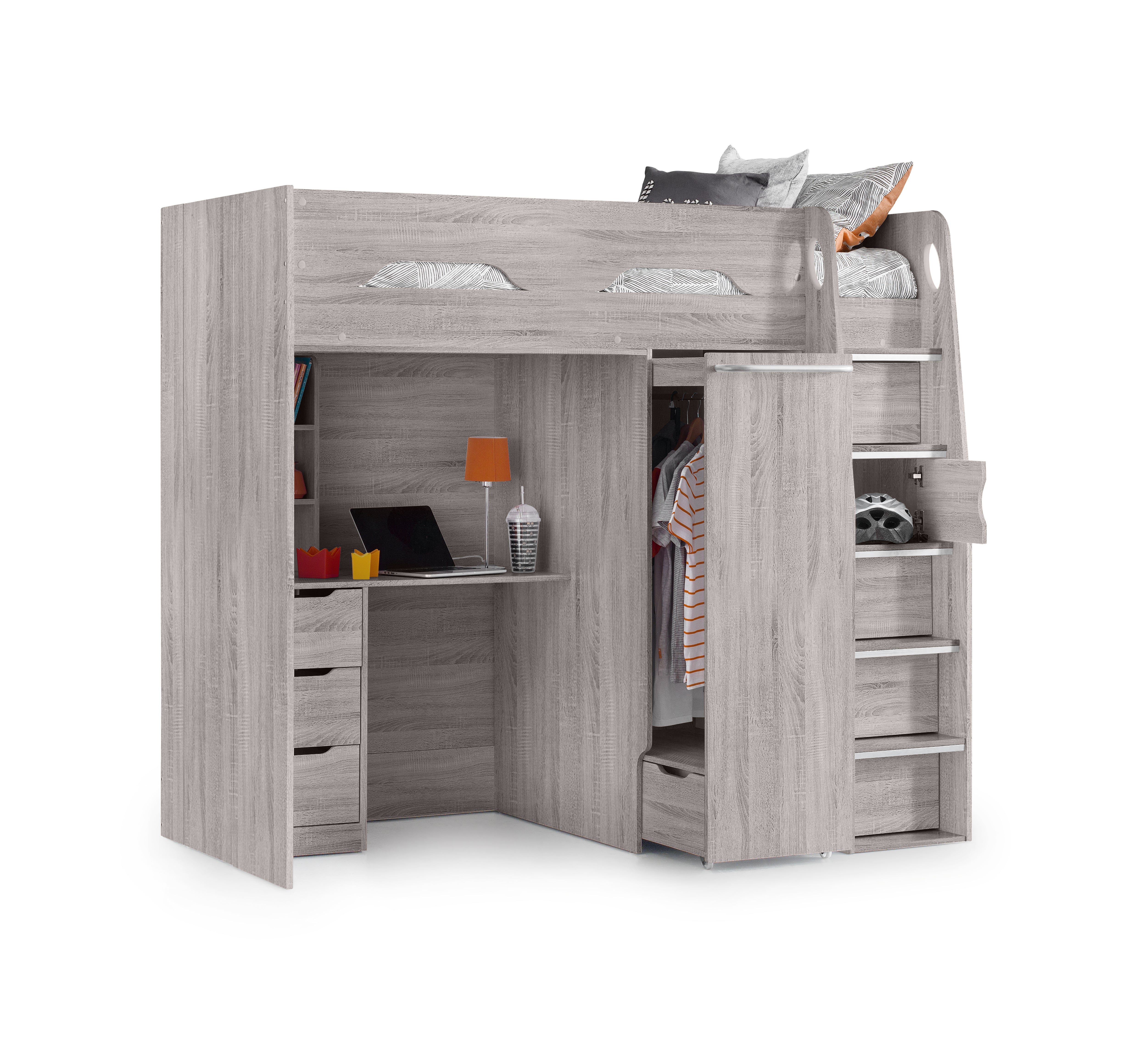 Gray wooden loft bed with desk and closet on a white background