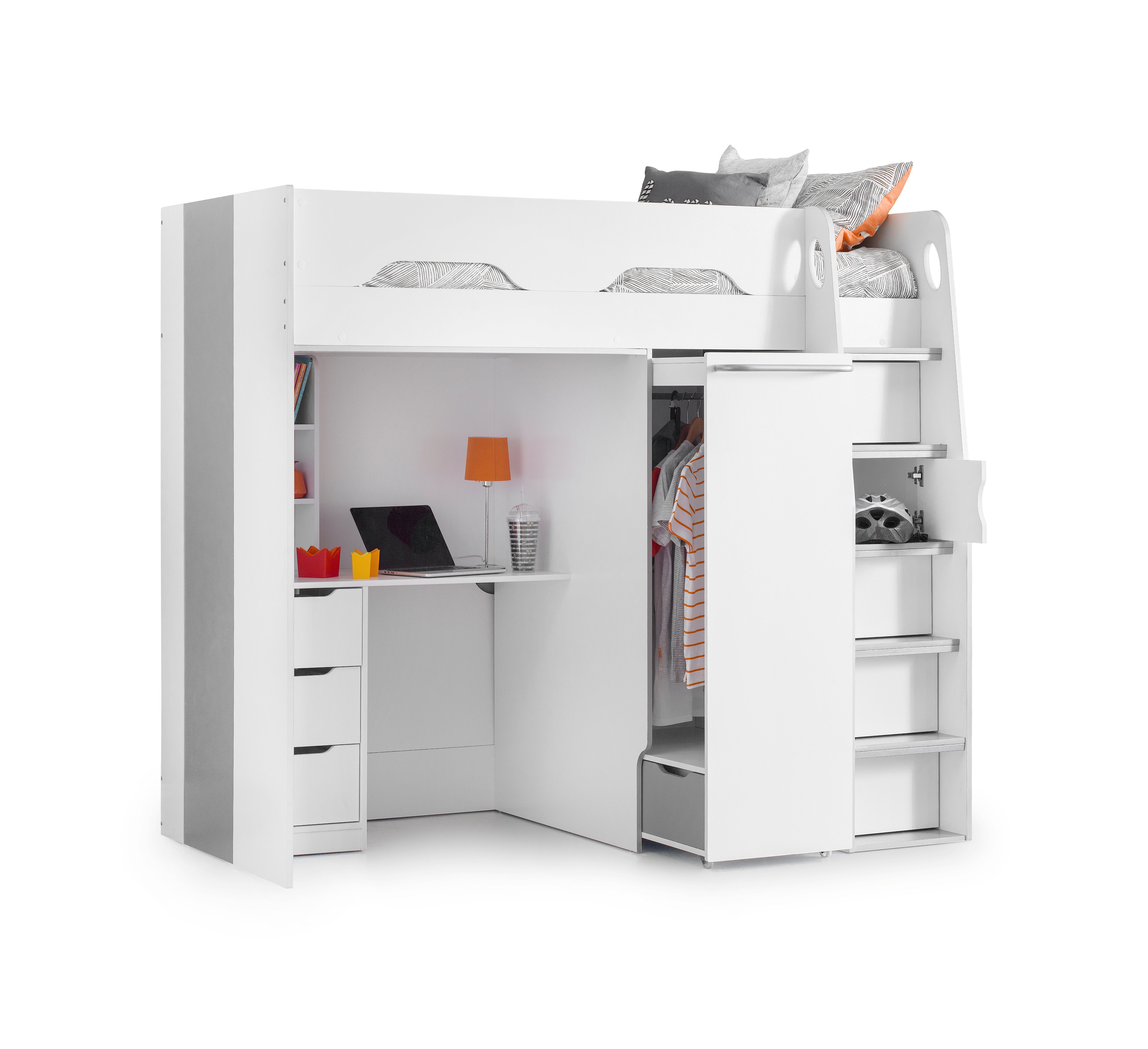 White loft bed with desk and storage drawers on a white background