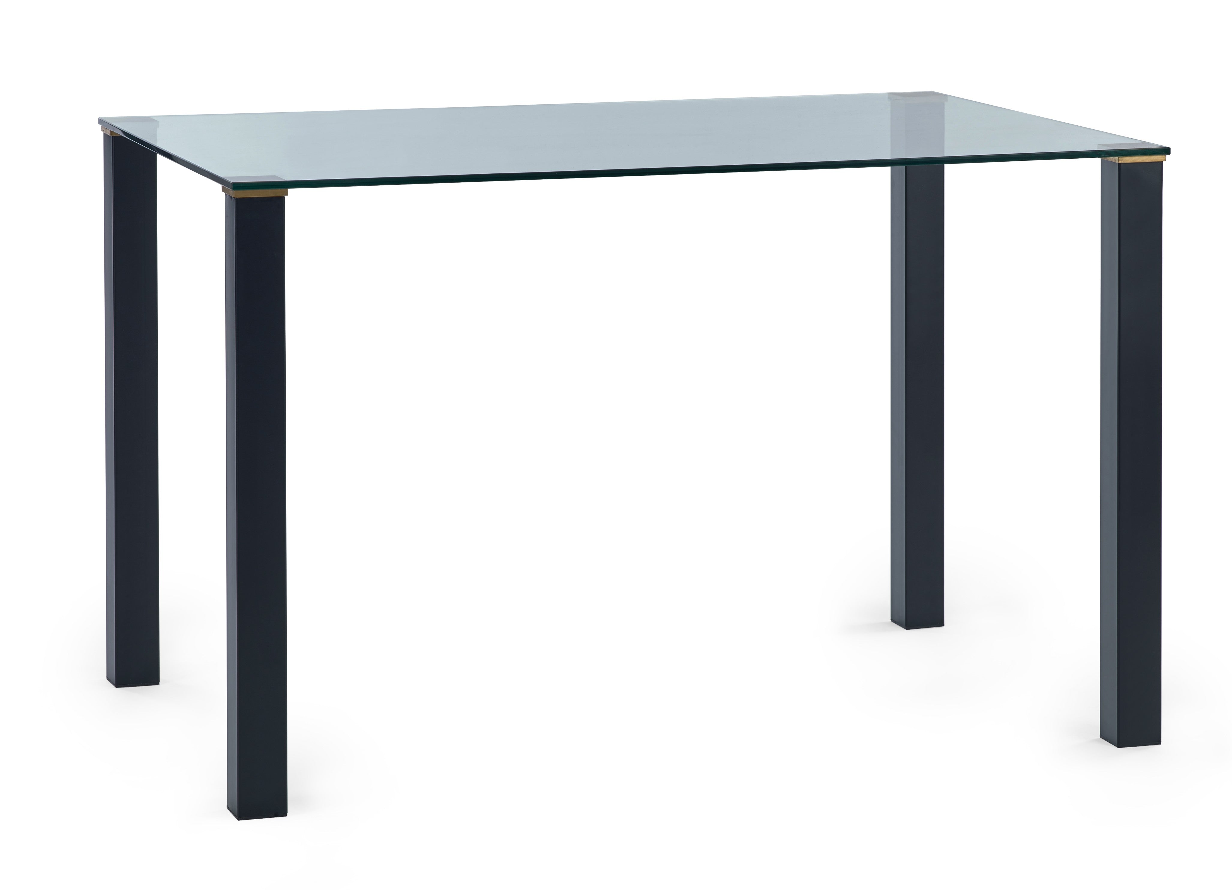 Glass table with black metal legs on a white background