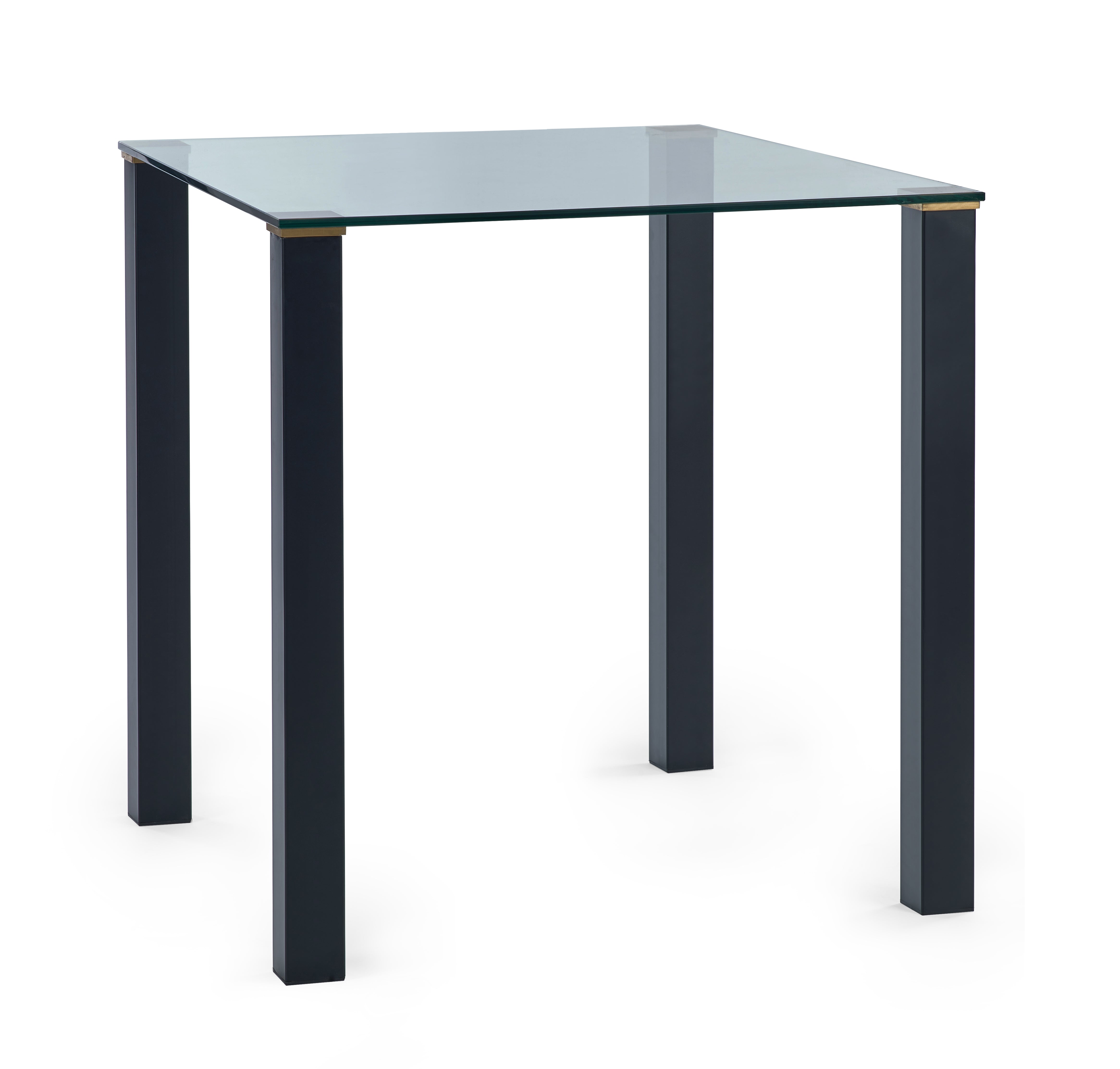 Square glass table with black metal legs on a white background