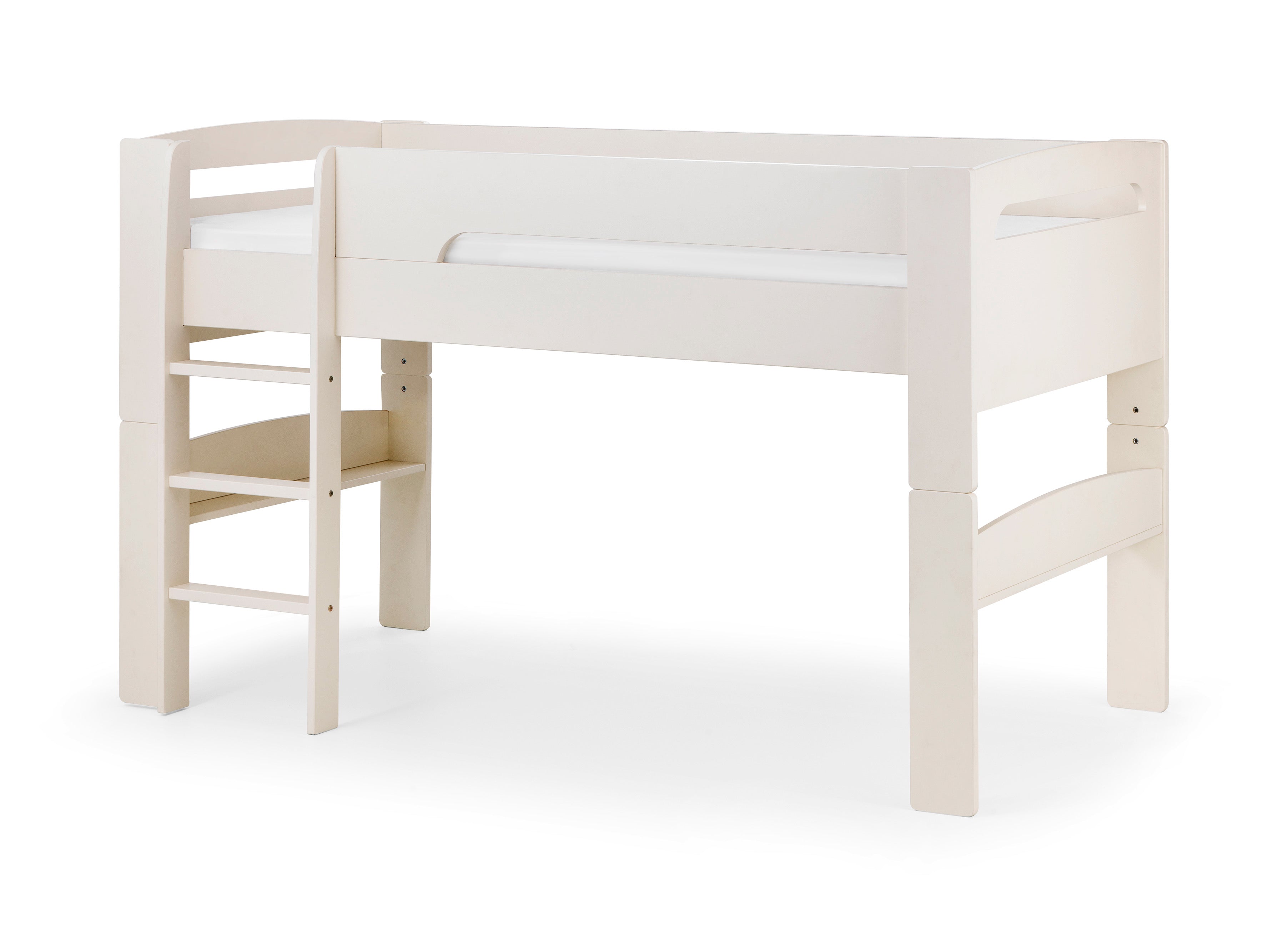 Stone coloured wooden bed with desk on a white background